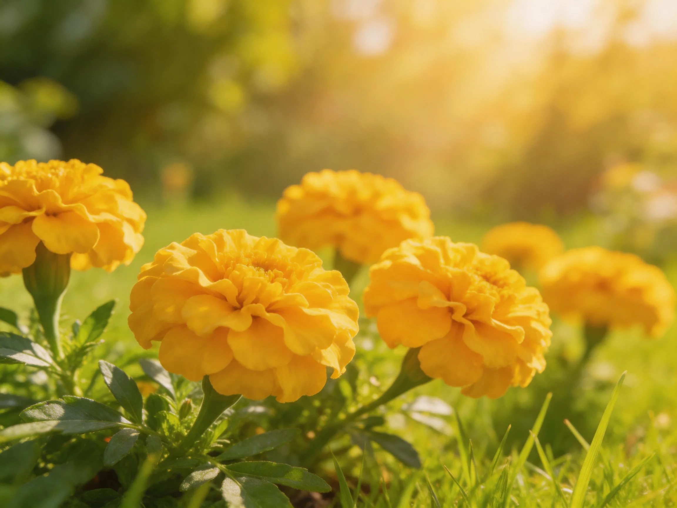 Six vibrant yellow marigolds bloom in a sun-drenched grassy area