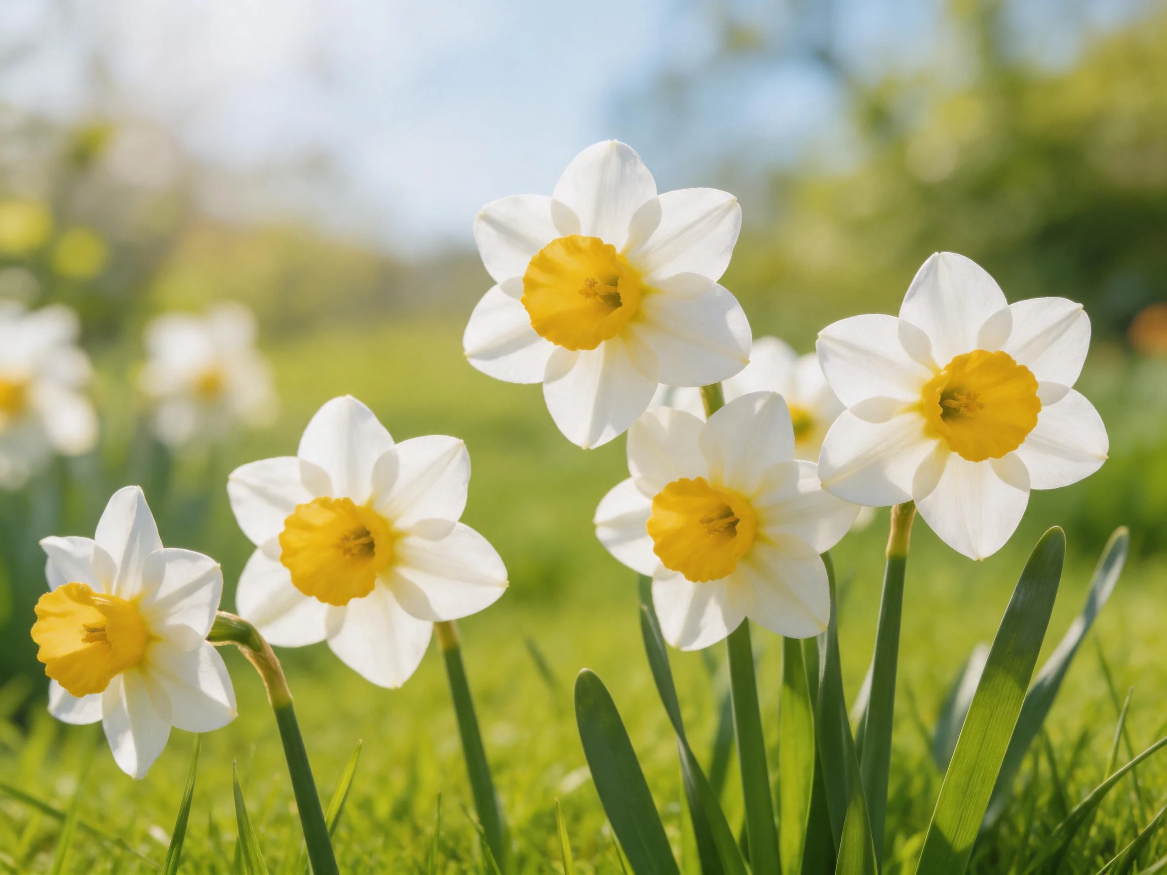 Six white and yellow daffodils bloom in a sunlit green meadow