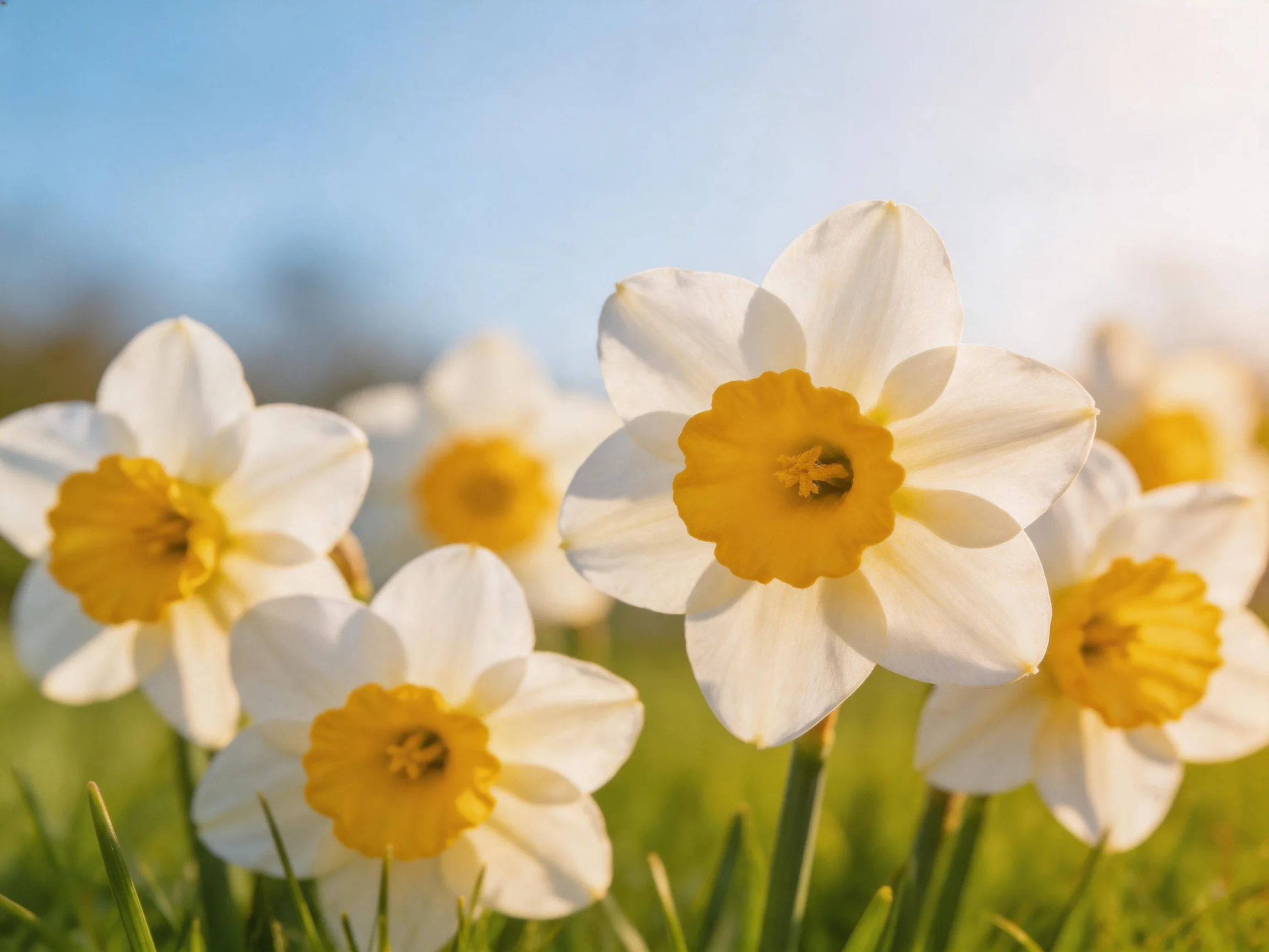 Six white-and-yellow daffodils bloom in a sunlit meadow