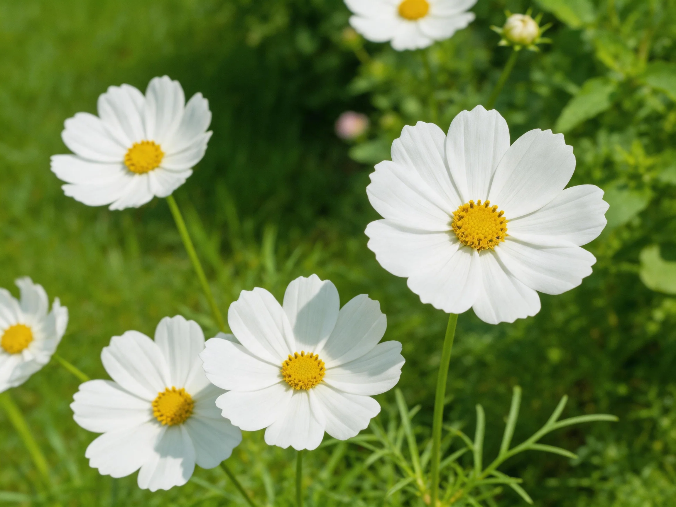 Six white cosmos flowers with yellow centers bloom among lush greenery