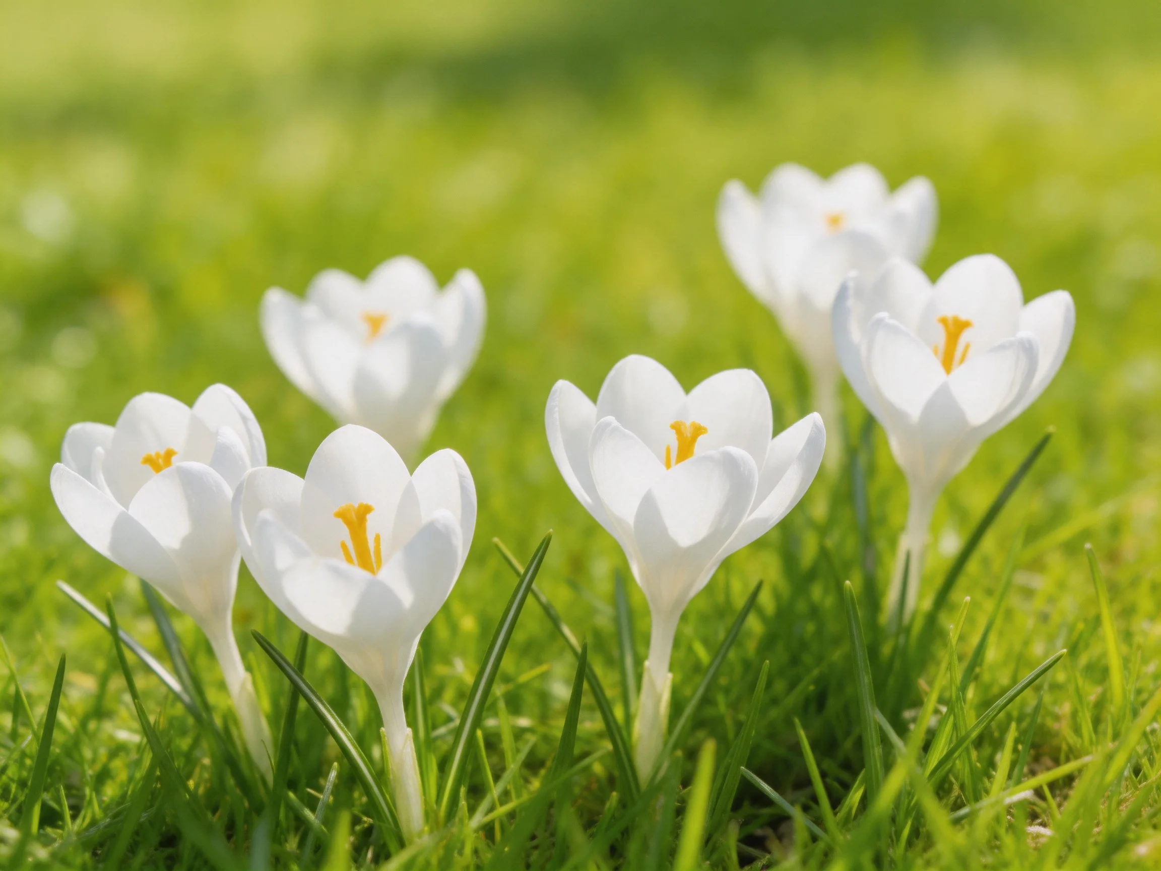 Six white crocus blooms stand among lush green grass
