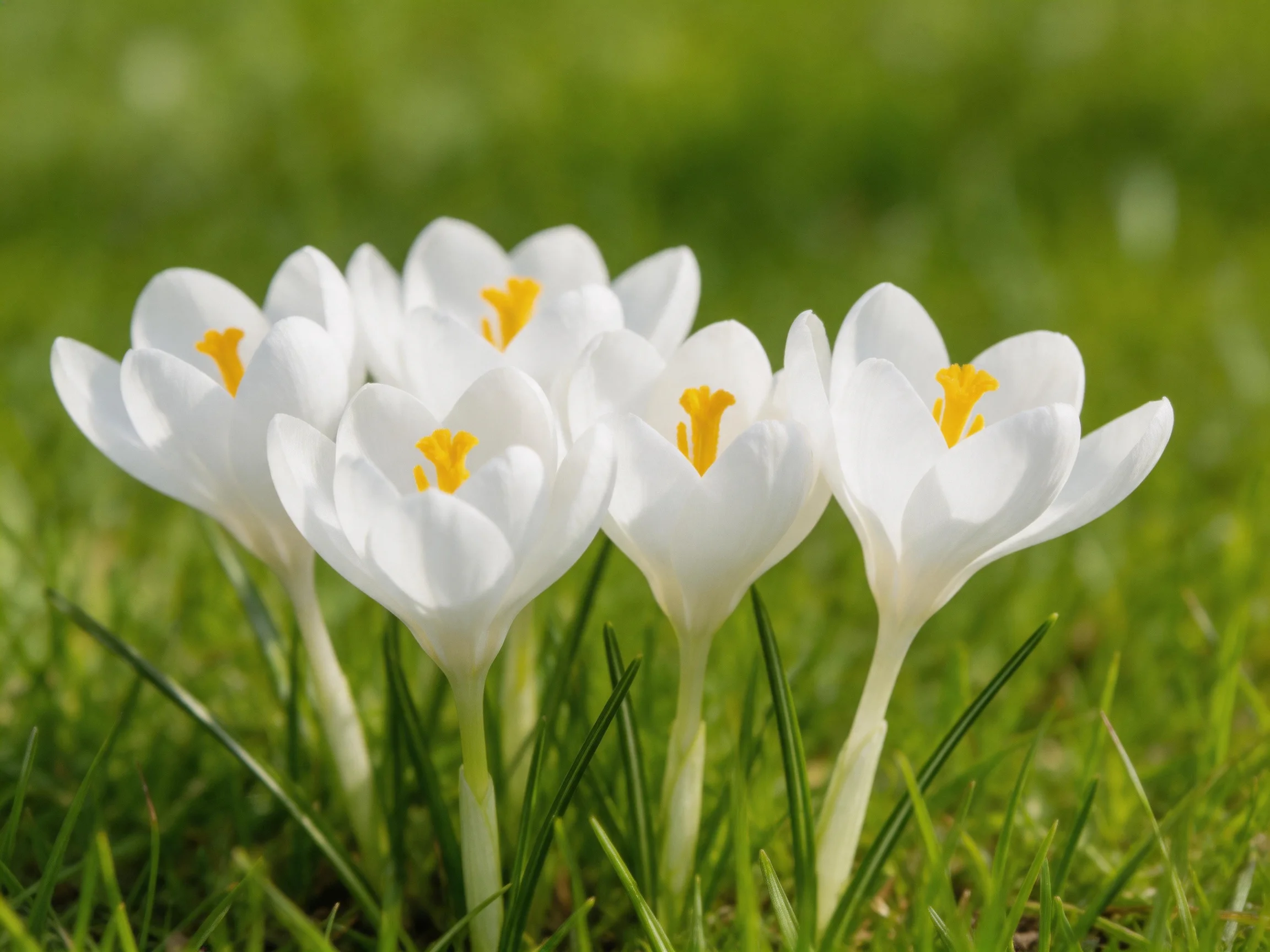Six white crocus flowers with yellow centers in lush green grass