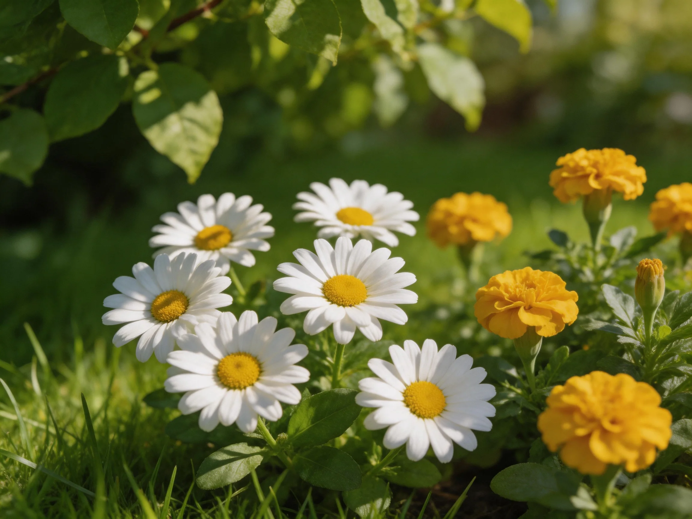 Six white daisies and yellow marigolds bloom among lush green foliage