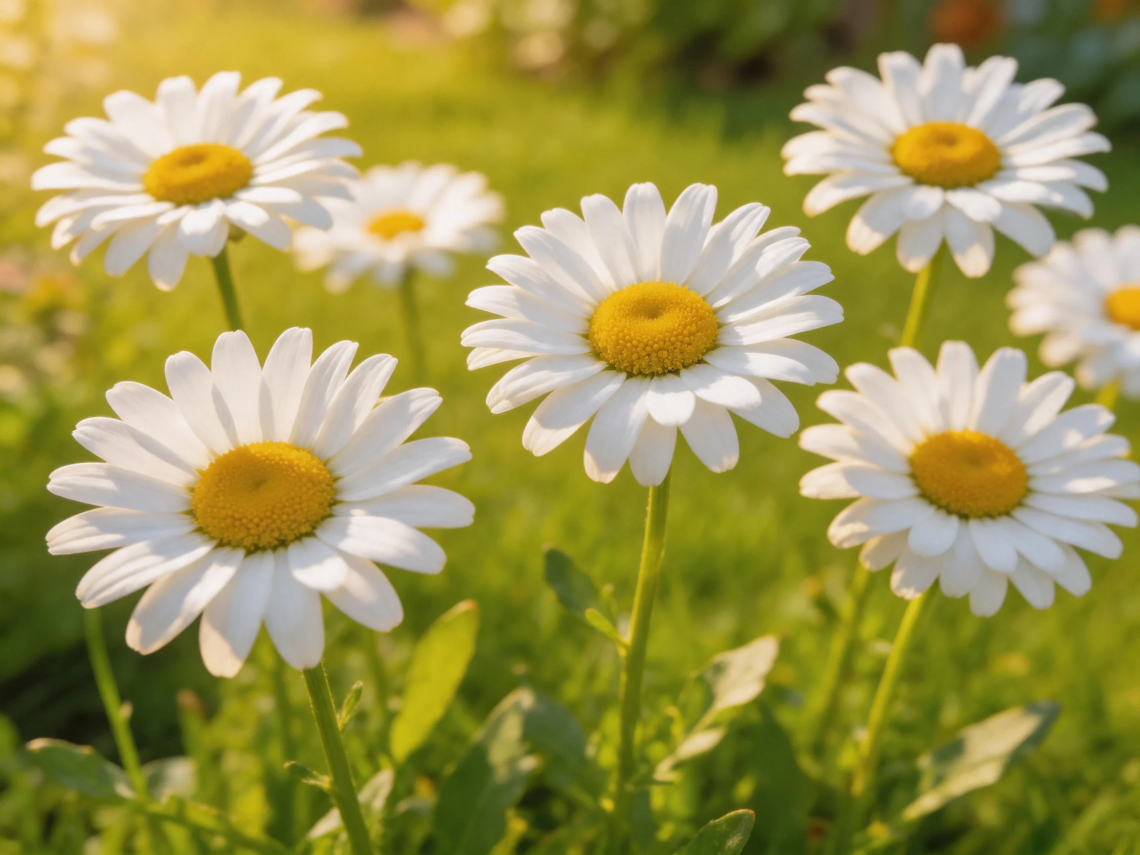 Six white daisies with bright yellow centers bloom in a sunlit green meadow