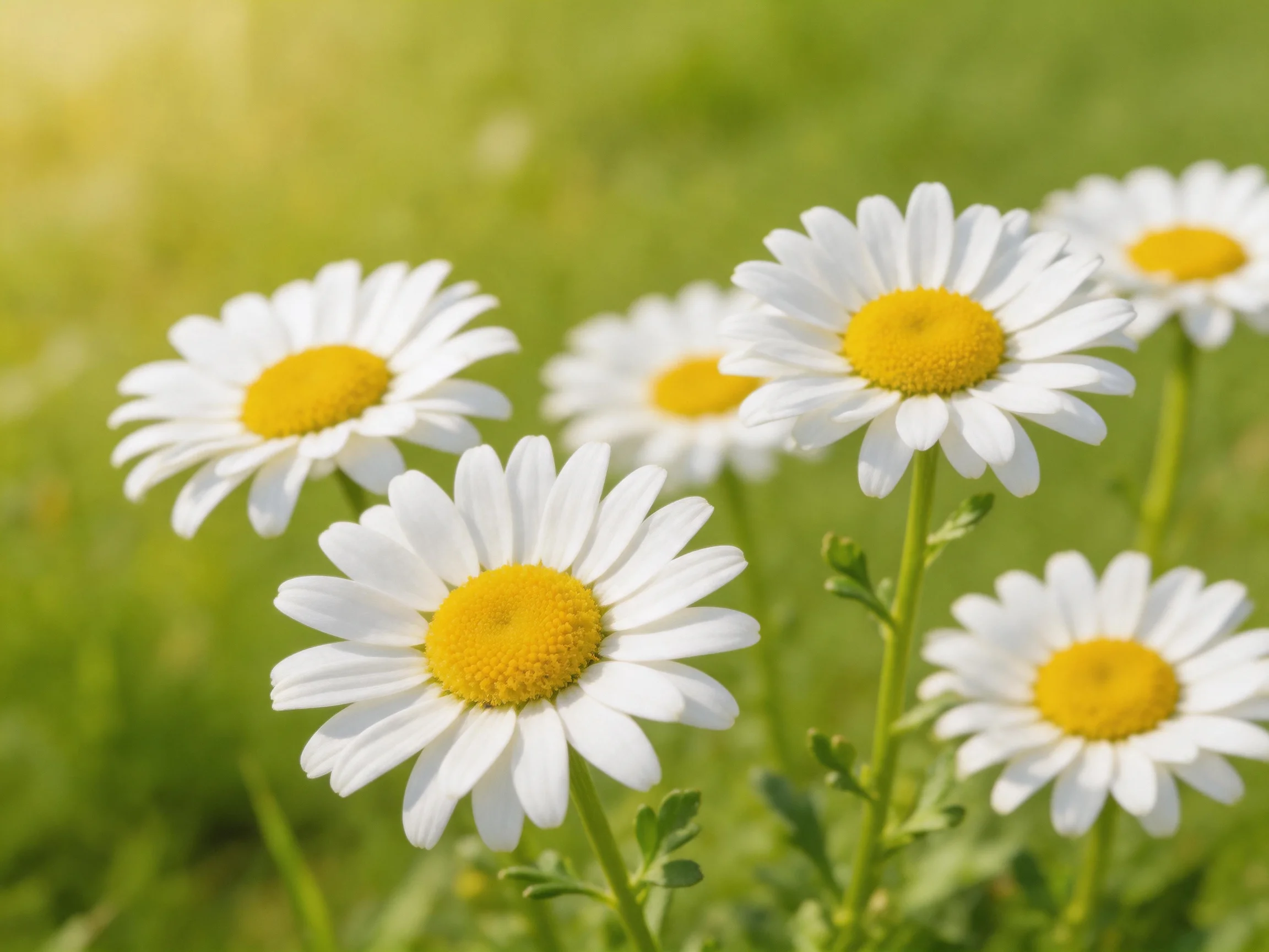 Six white daisies with bright yellow centers in a lush green field