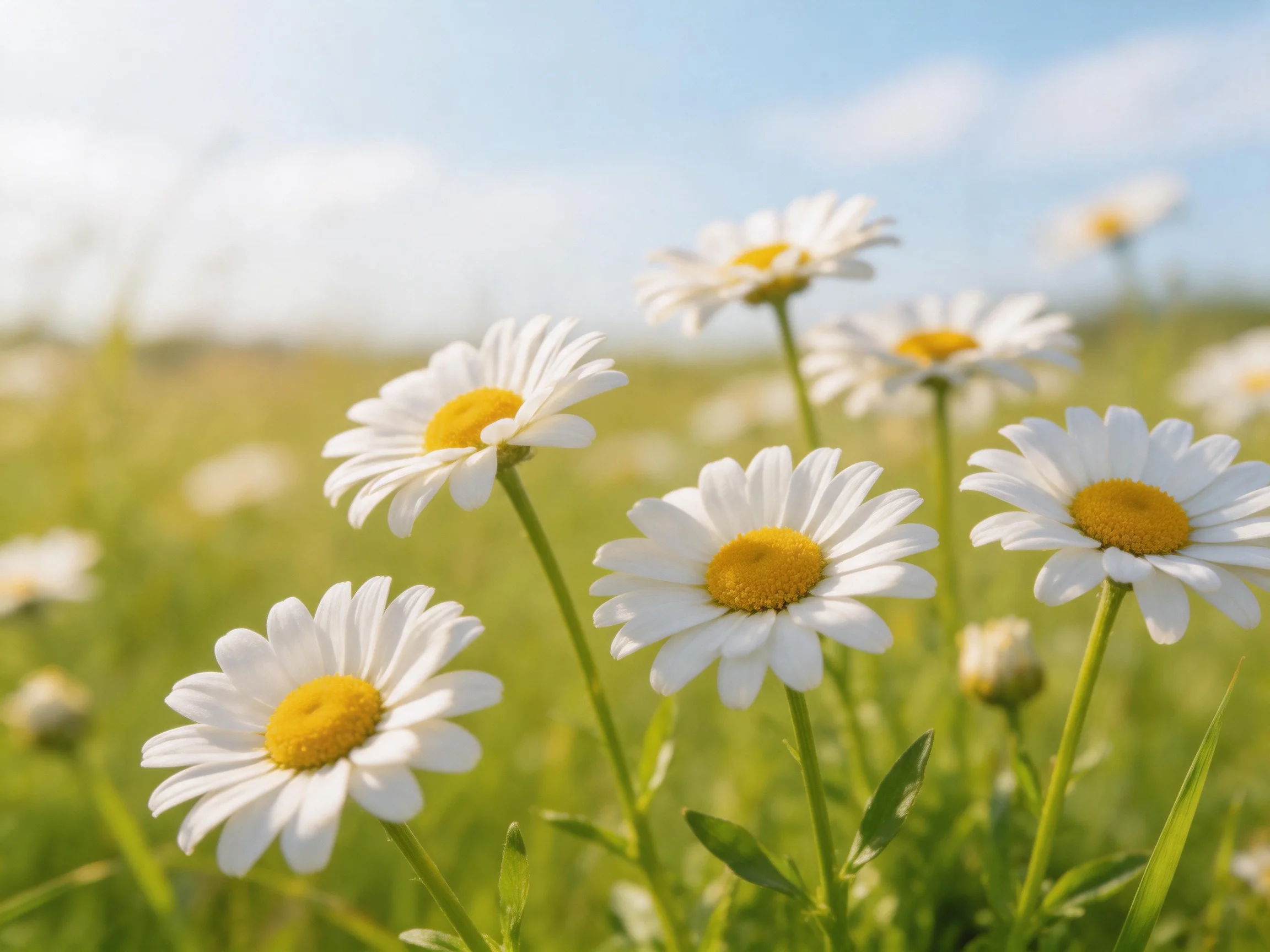 Six white daisies with golden centers bloom in a sunlit meadow