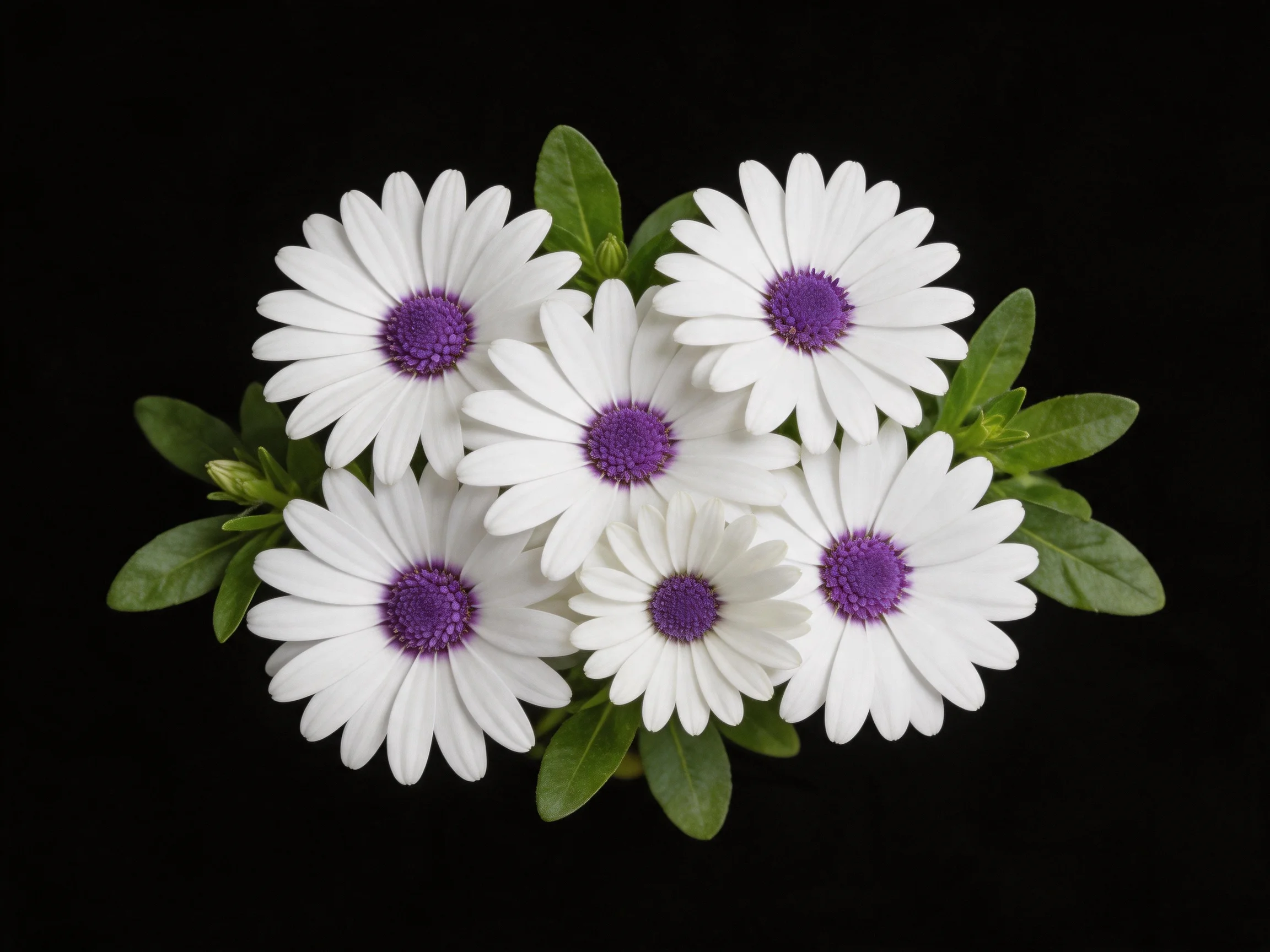 Six white daisies with purple centers and green leaves on a black background