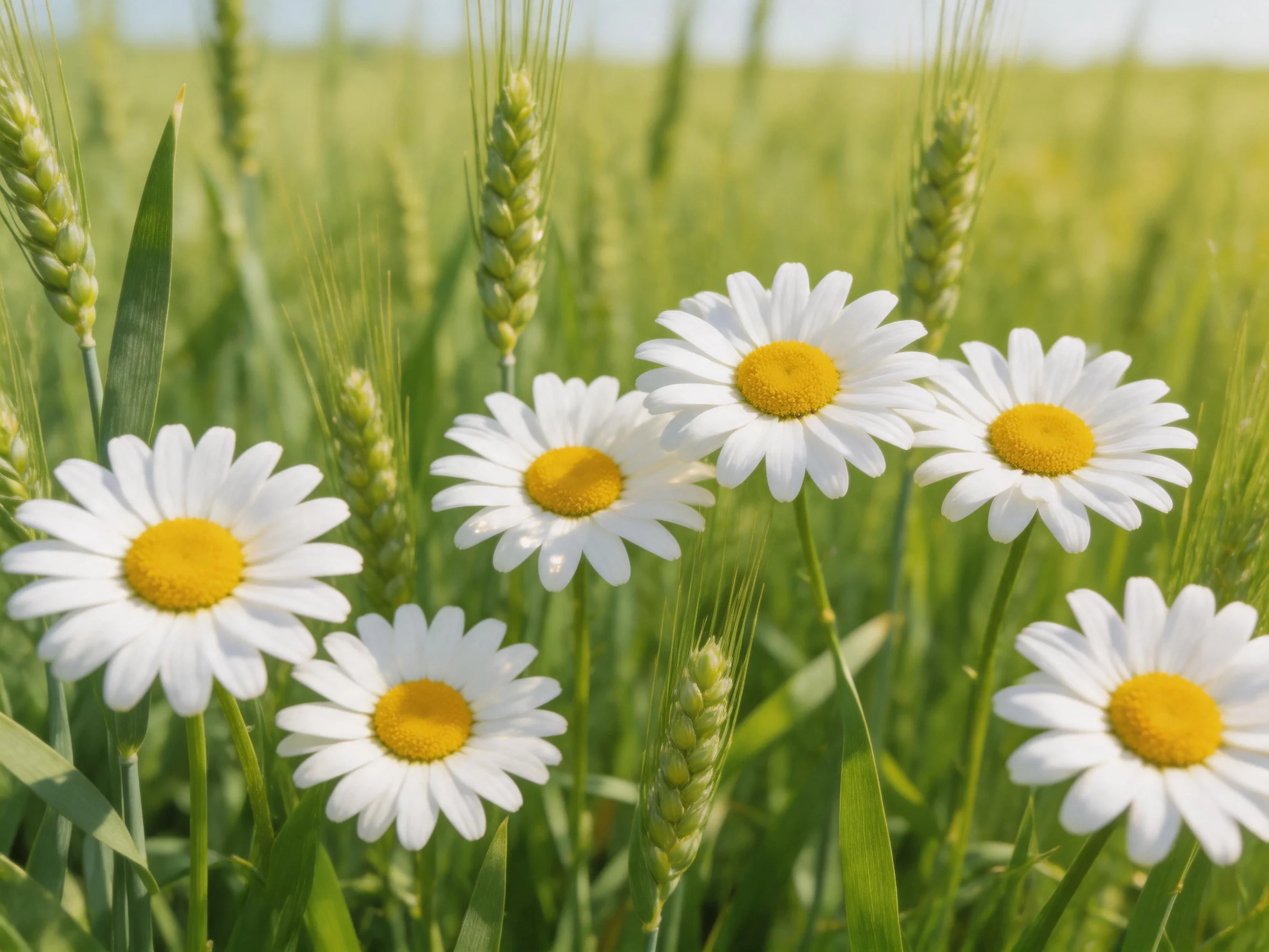 Six white daisies with yellow centers among tall green wheat stalks