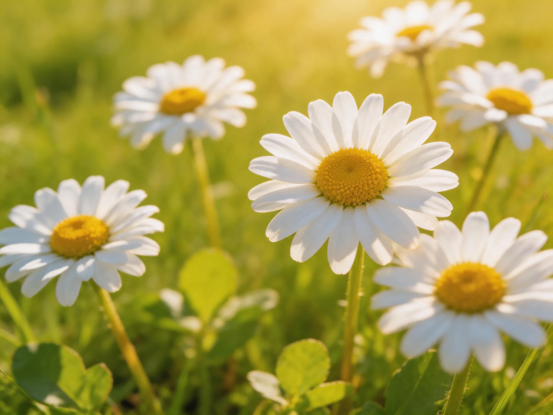 Six white daisies with yellow centers bloom amid lush greenery under sunny light