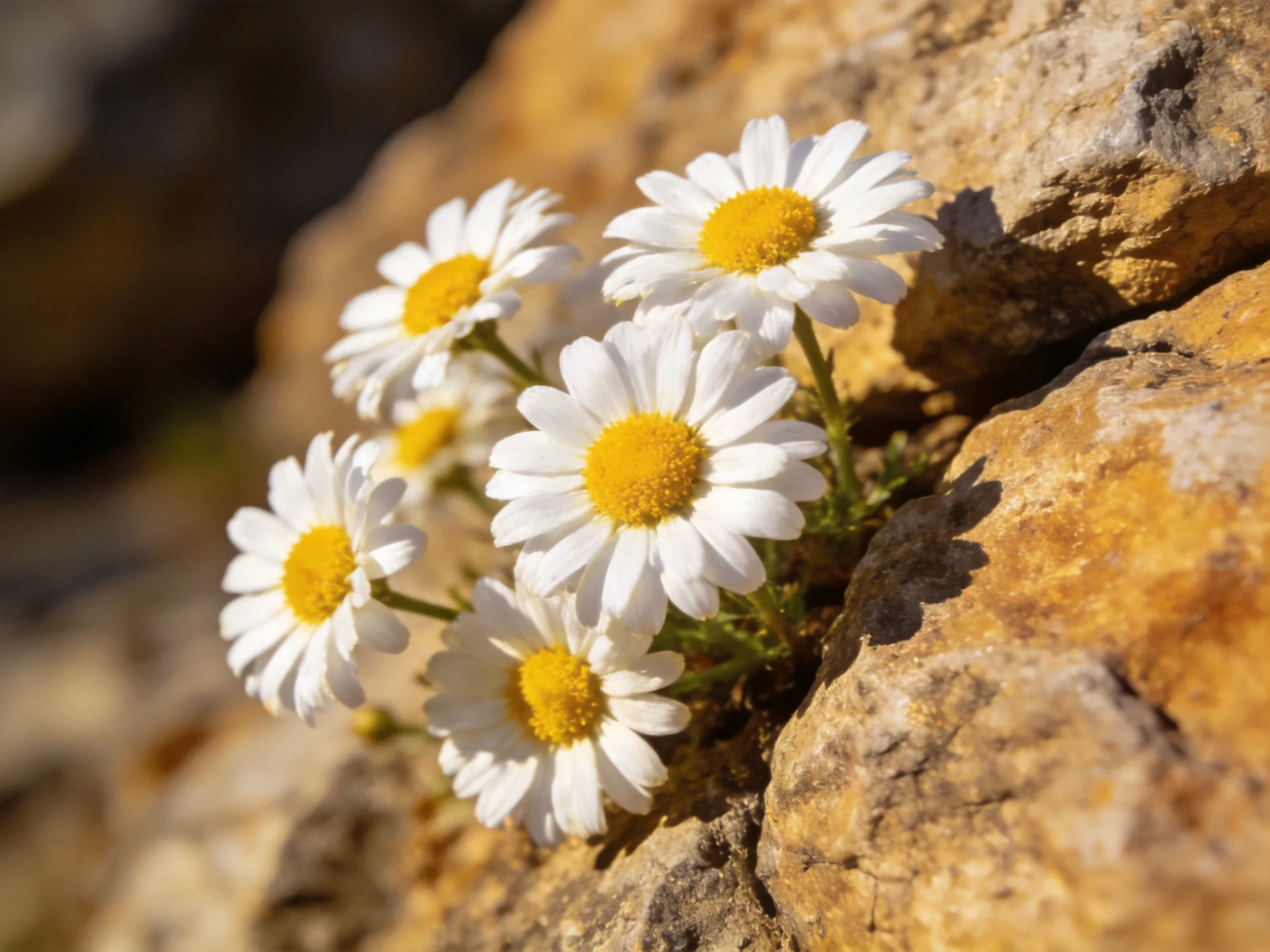 Six white daisies with yellow centers bloom from rocky terrain