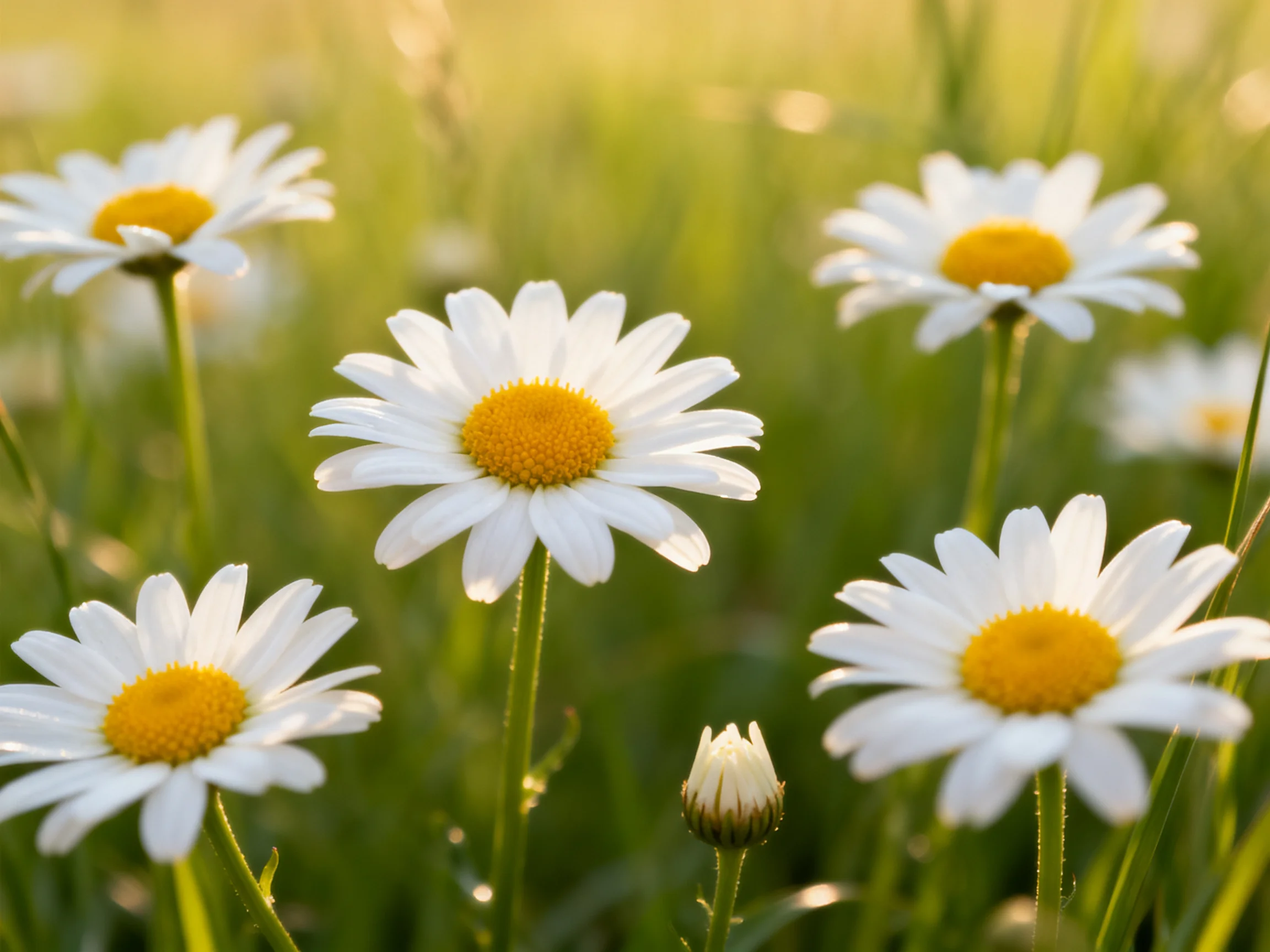 Six white daisies with yellow centers bloom in a sunlit meadow