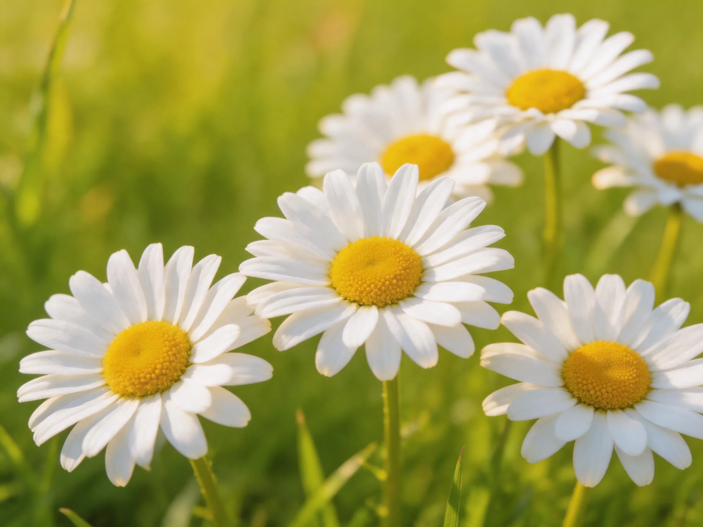 Six white daisies with yellow centers blooming in green grass