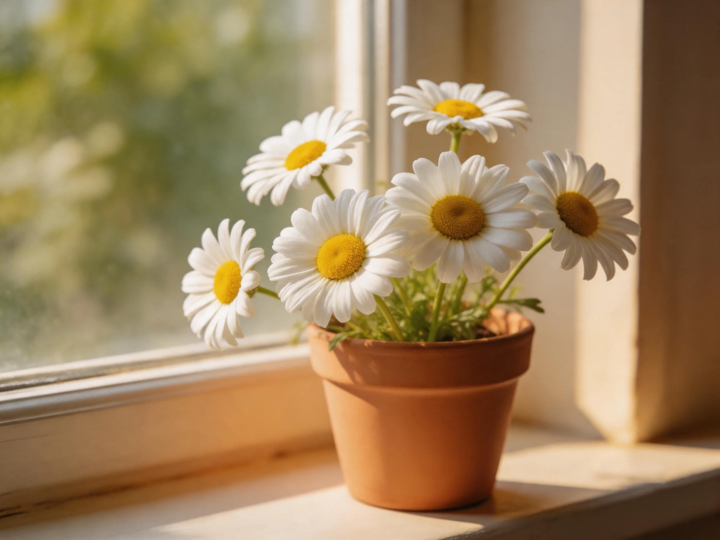 Six white daisies with yellow centers in a terracotta pot near a sunlit window