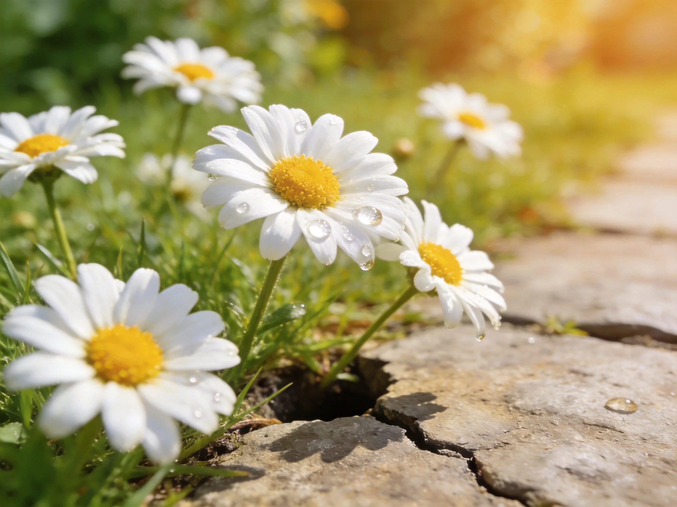 Six white daisies with yellow centers near a cracked stone path
