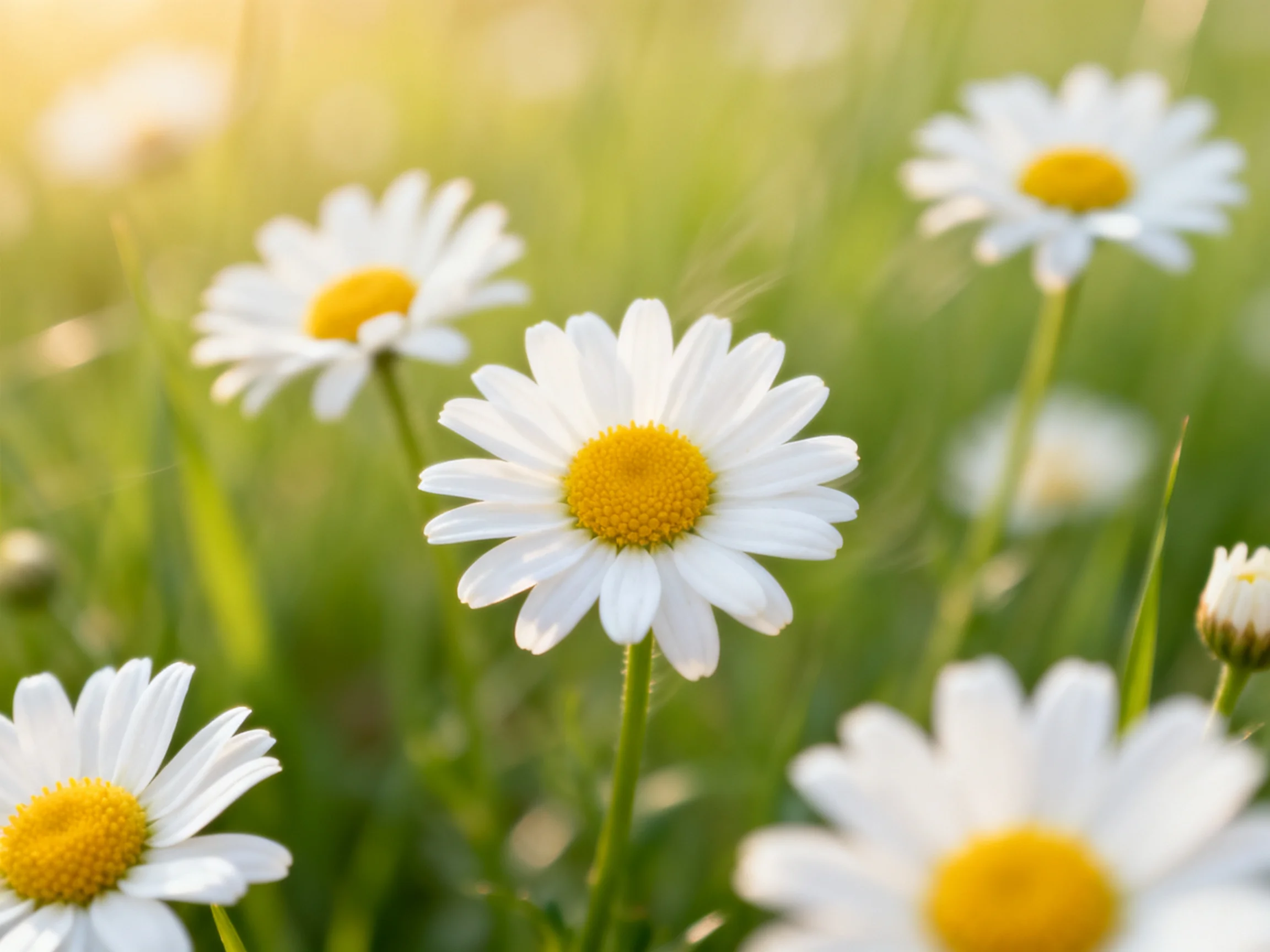Six white daisy blooms in a sunlit green meadow