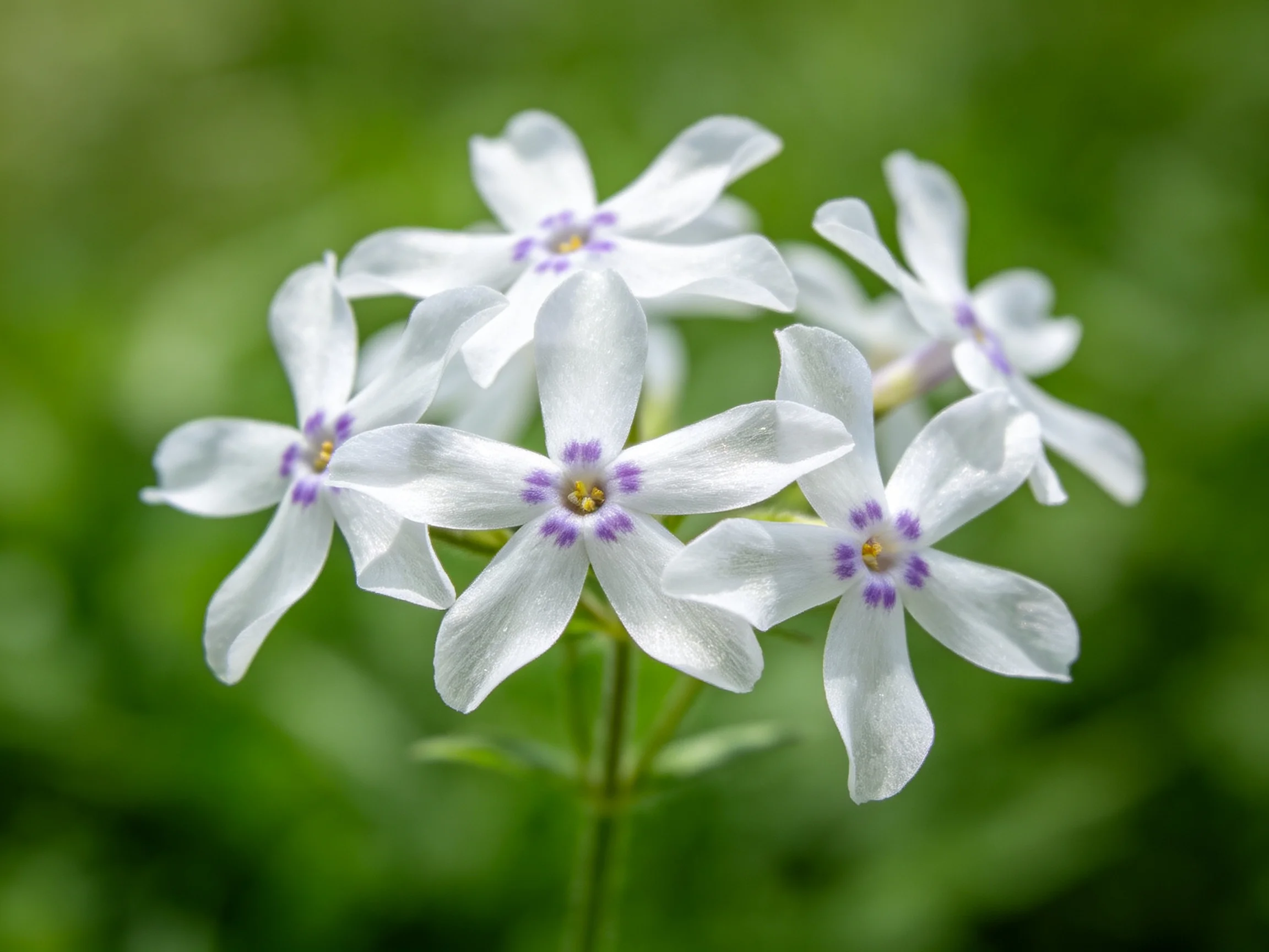 Six white flowers with purple accents blooming in green surroundings