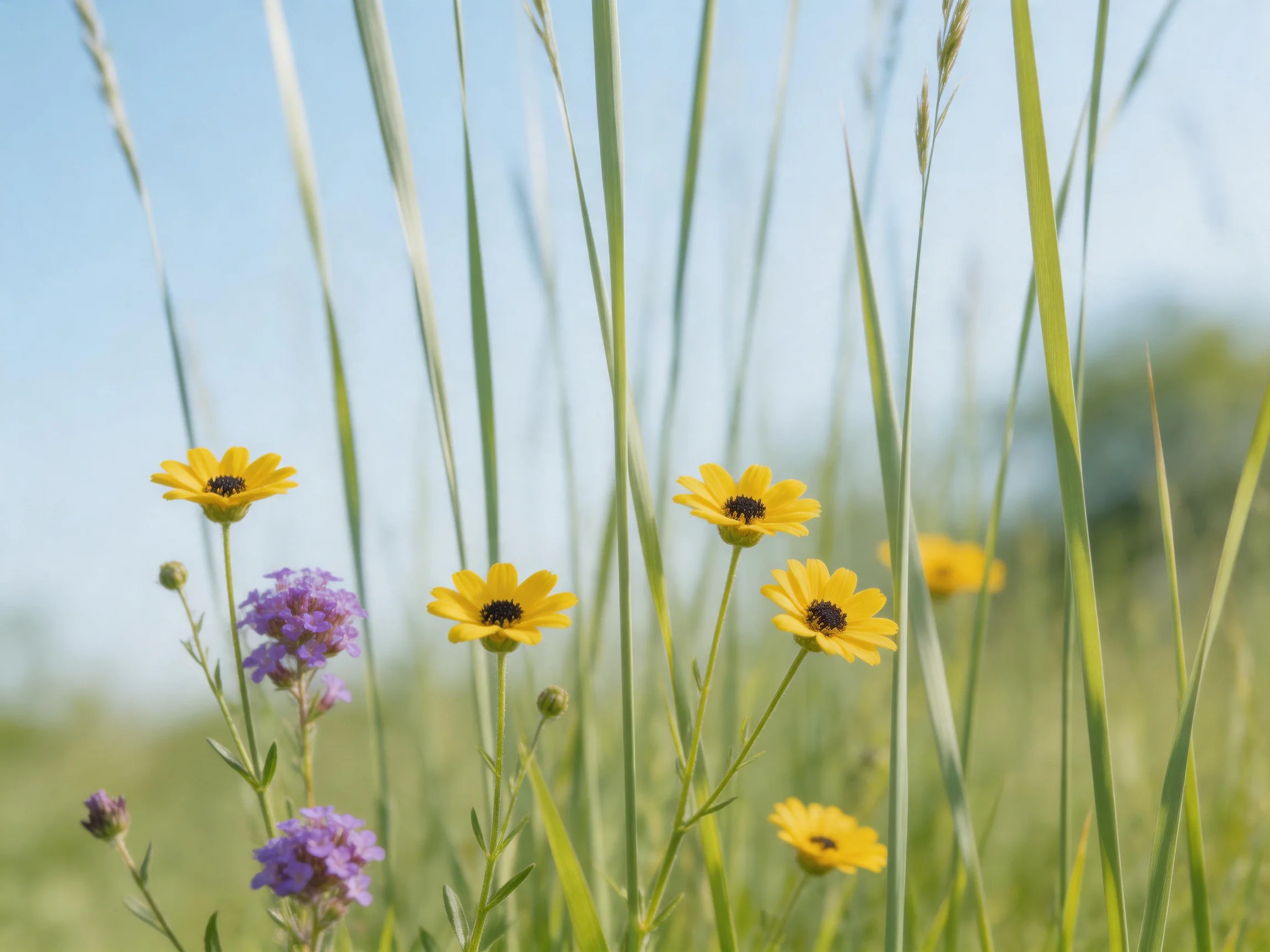 Six yellow daisies and two purple blossoms among tall green grasses