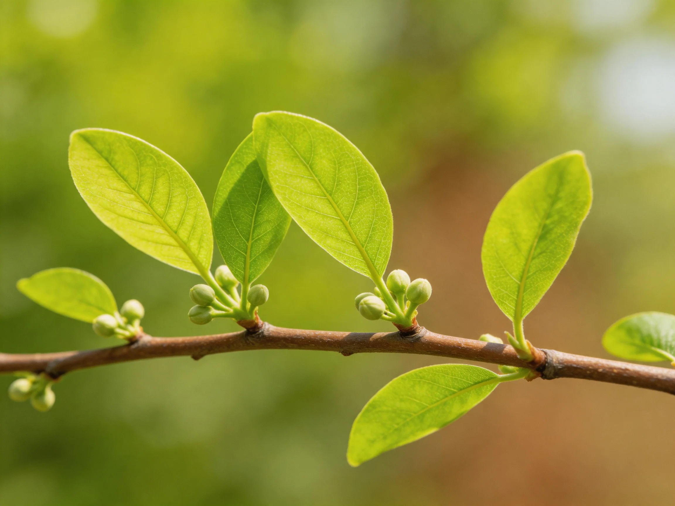 Slender branch with vibrant green leavesand small buds