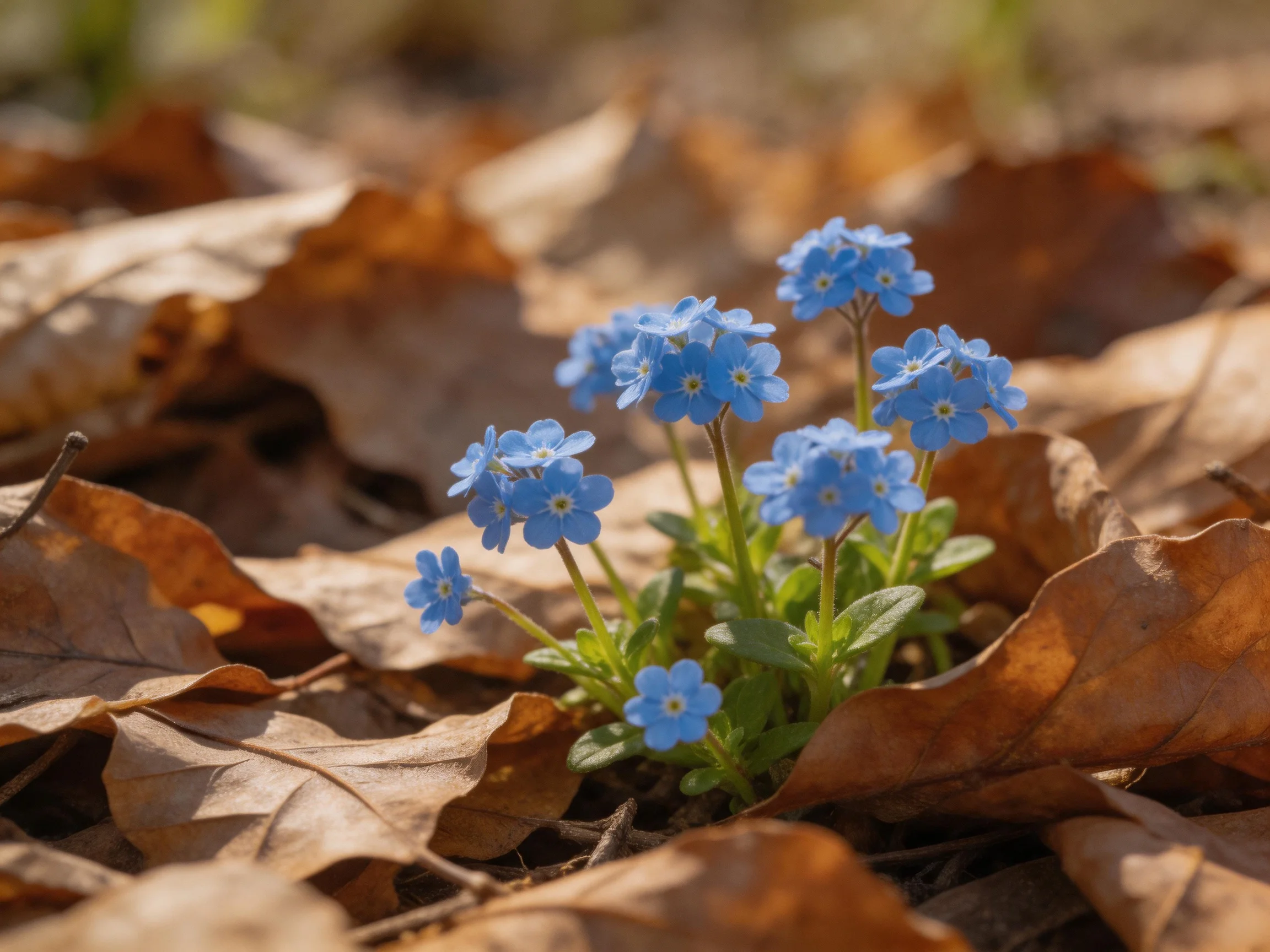 Small blue flowers cluster among numerous brown dried leaves