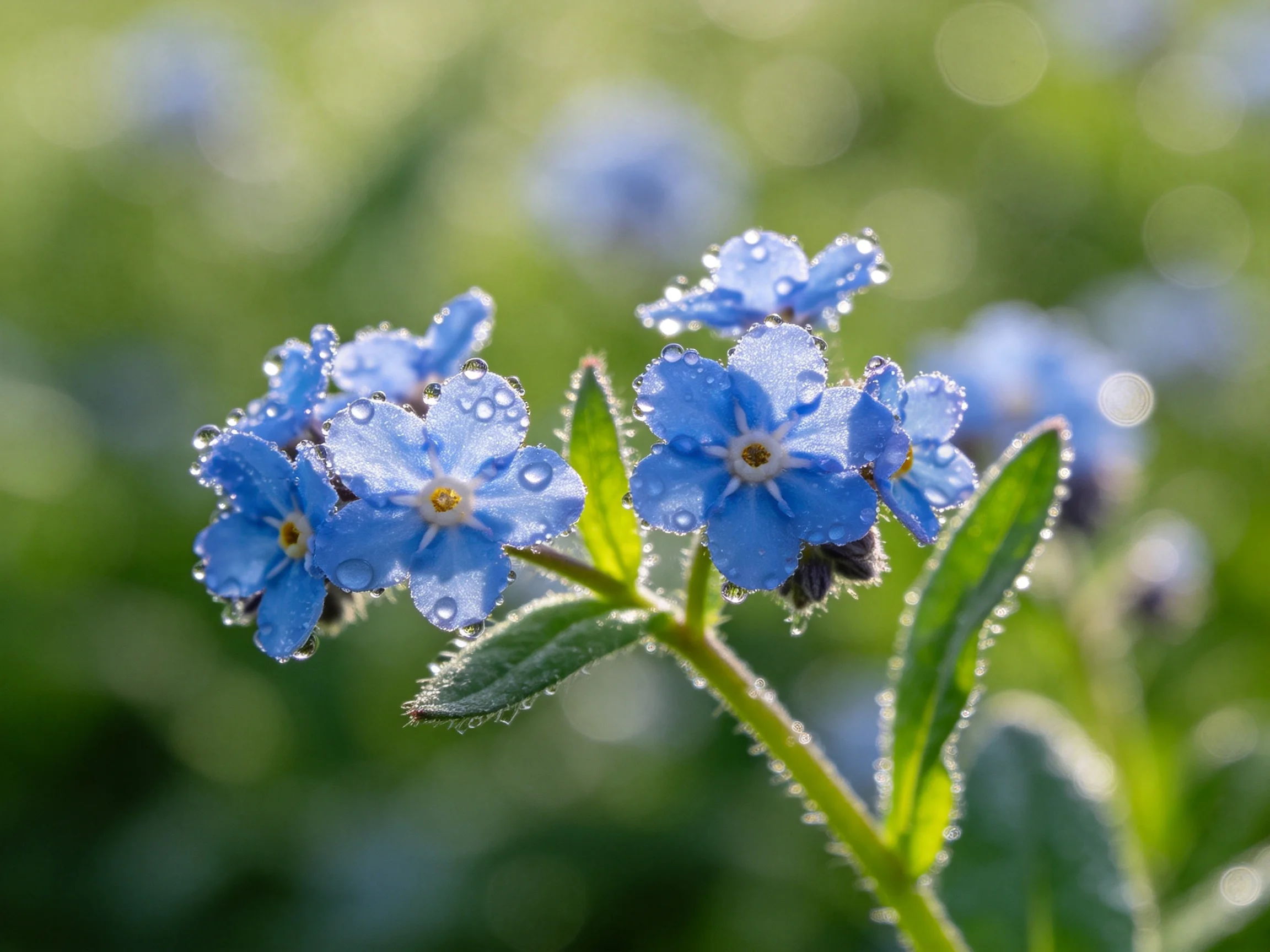 Small blue flowers with dewdrops on green foliage