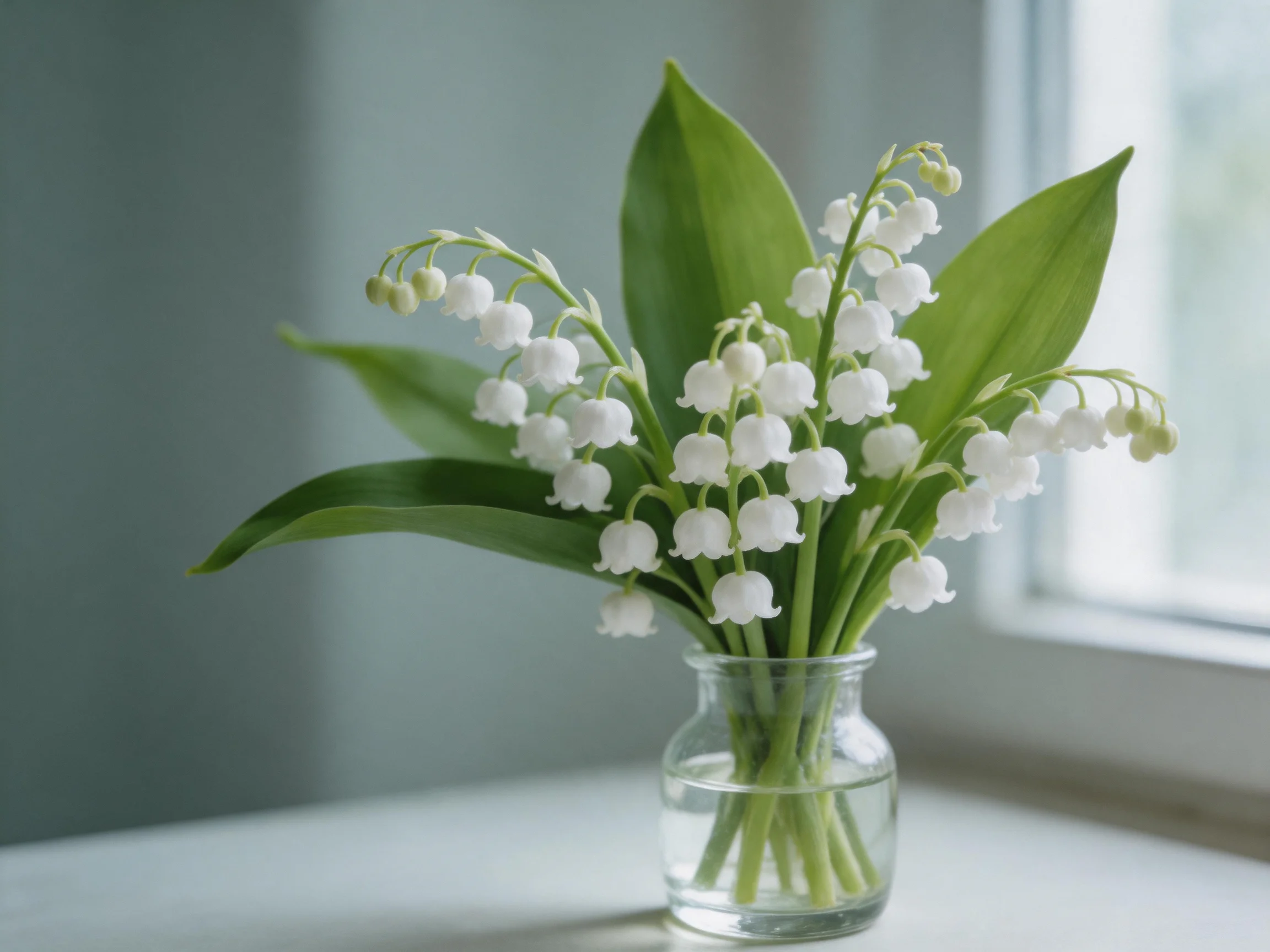 Small glass vase holds white lily of the valley flowers by a window