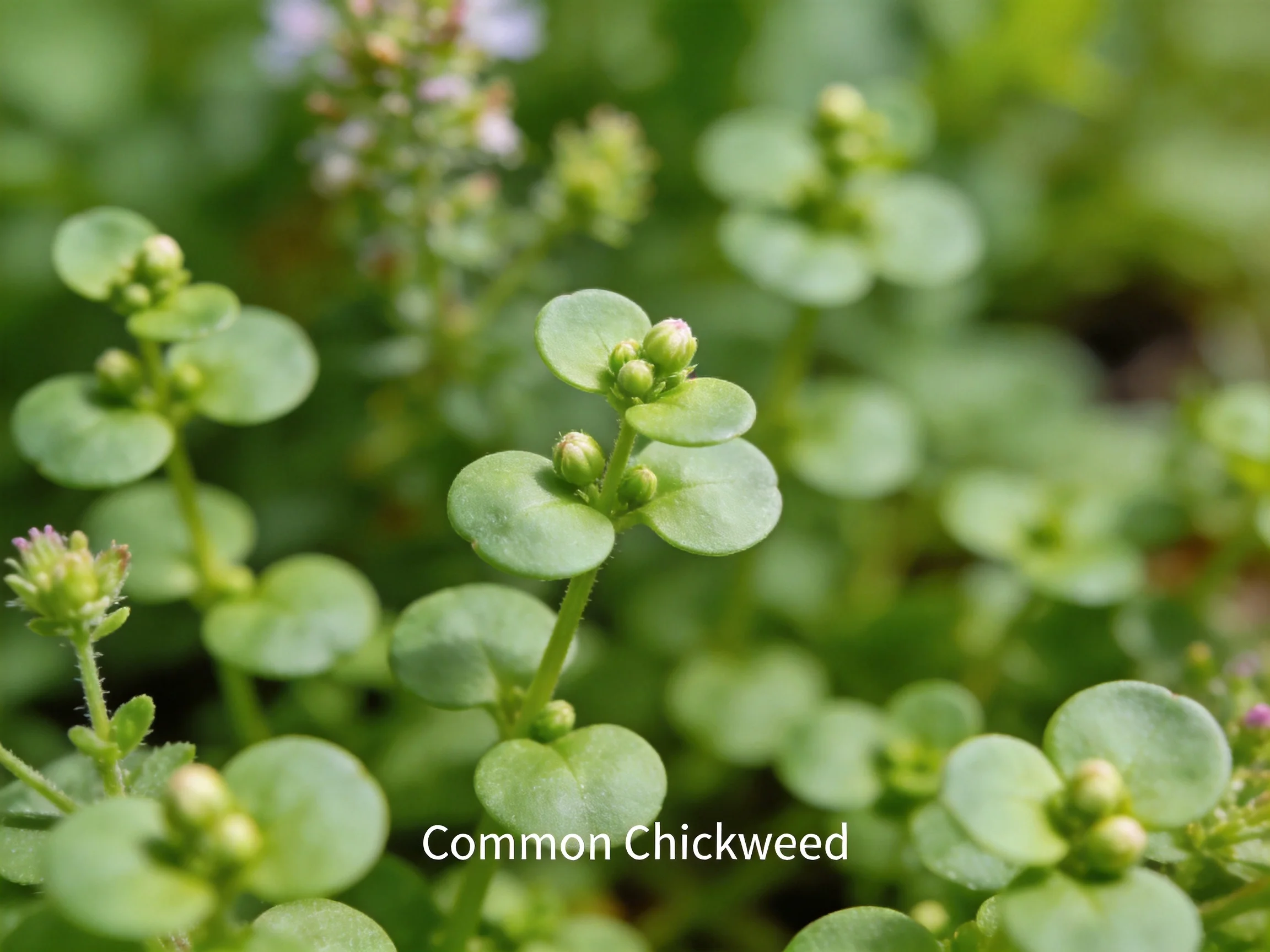 Small green chickweed clusters with round leaves and budding blooms