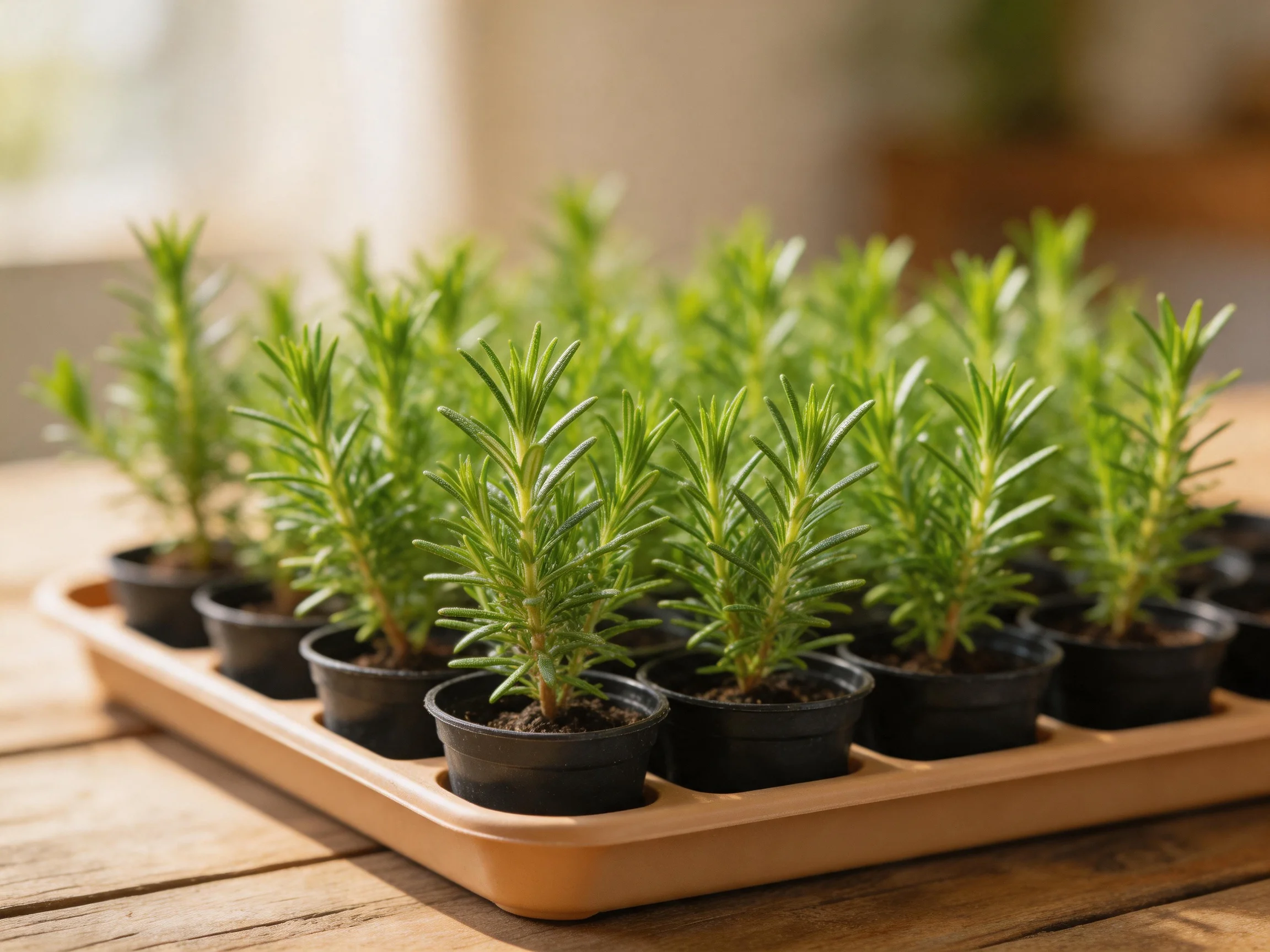 Small rosemary seedlings in black pots within a tan tray on wood