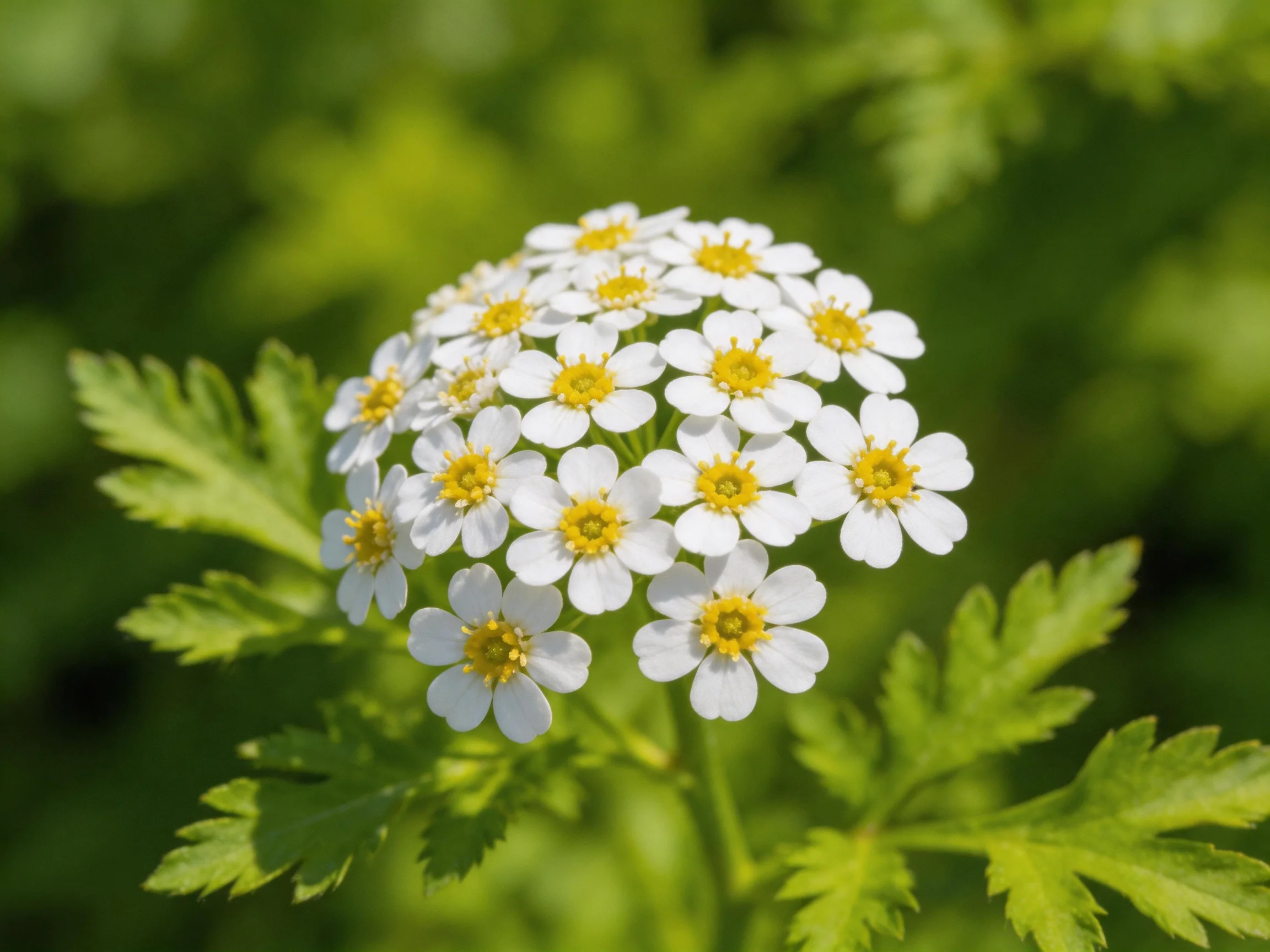 Small white and yellow wildflower cluster amid green foliage