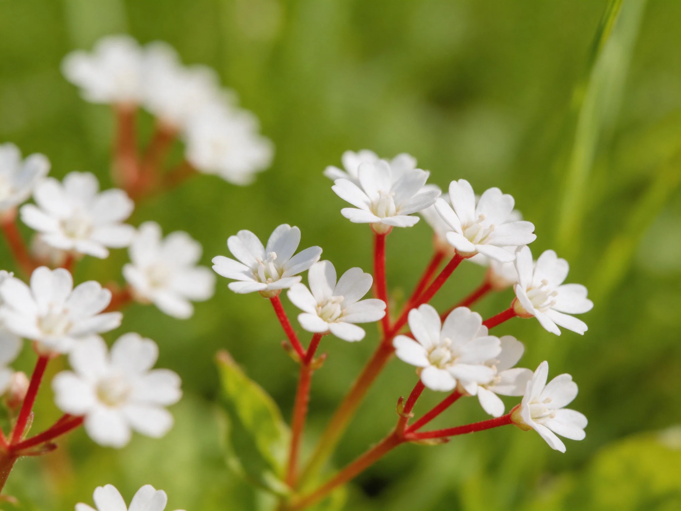 Small white blooms with vibrant red stems against lush greenery