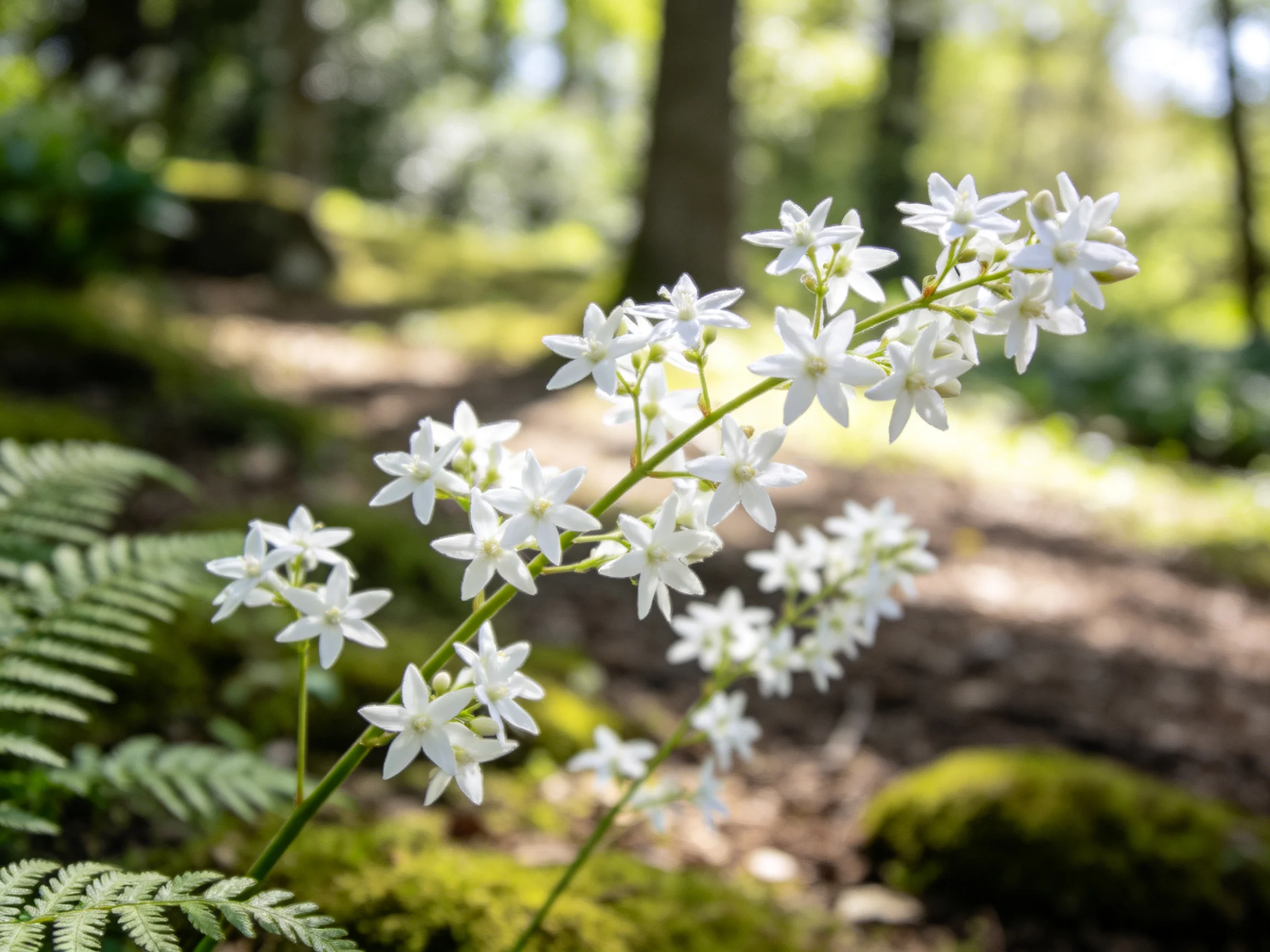 Small white star-shaped flowers cluster amid ferns and moss in a sunlit forest