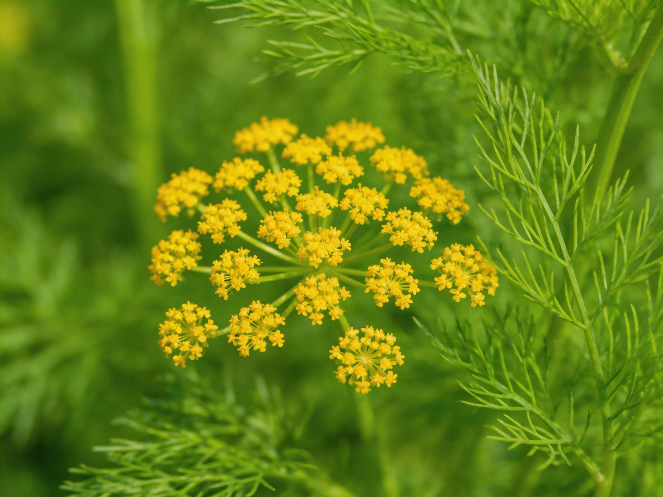 Small yellow flower clusters arranged in a circular bloom amid lush green foliage