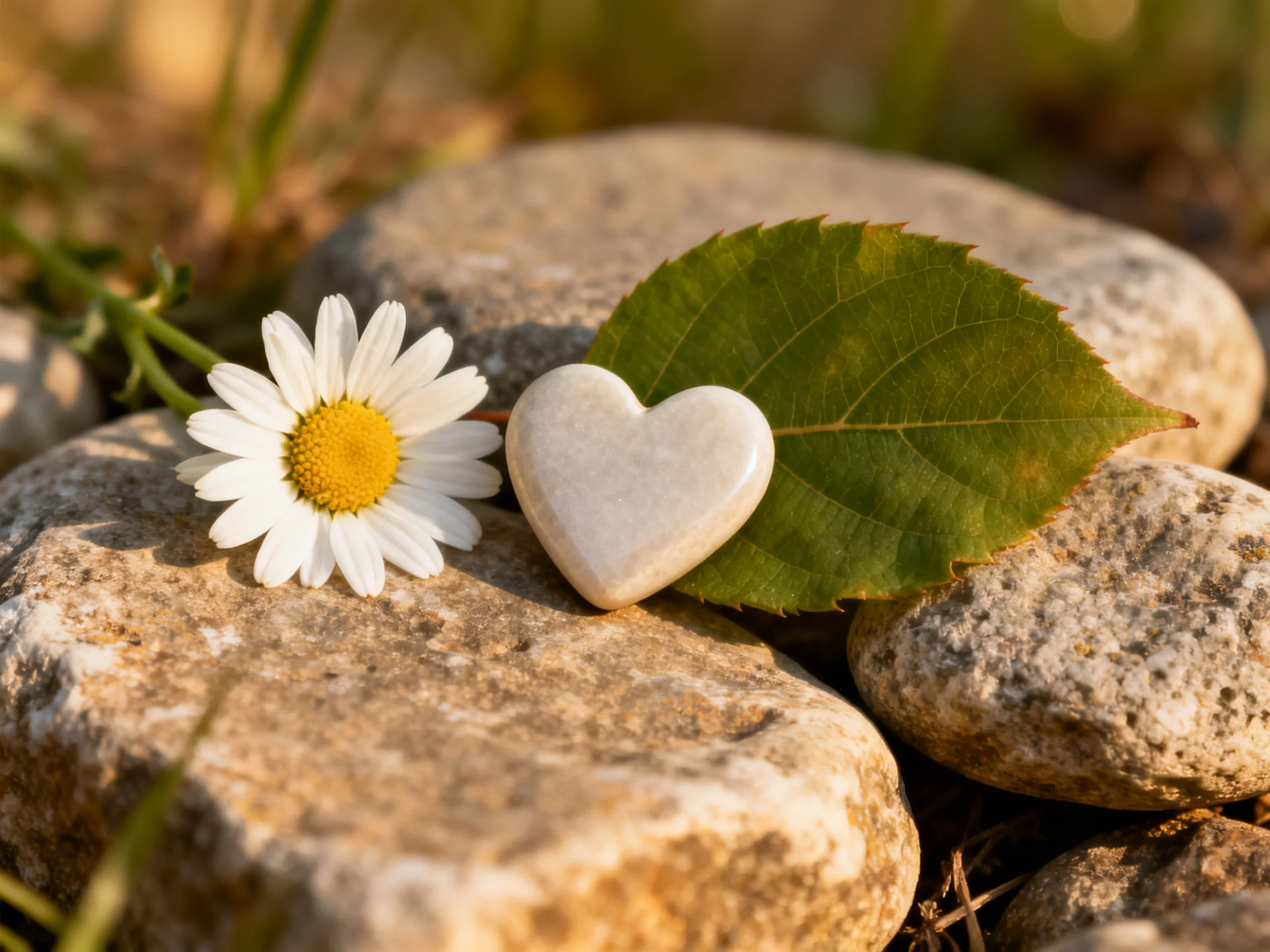 Smooth stones hold a white daisy, green leaf, and heart - shaped stone