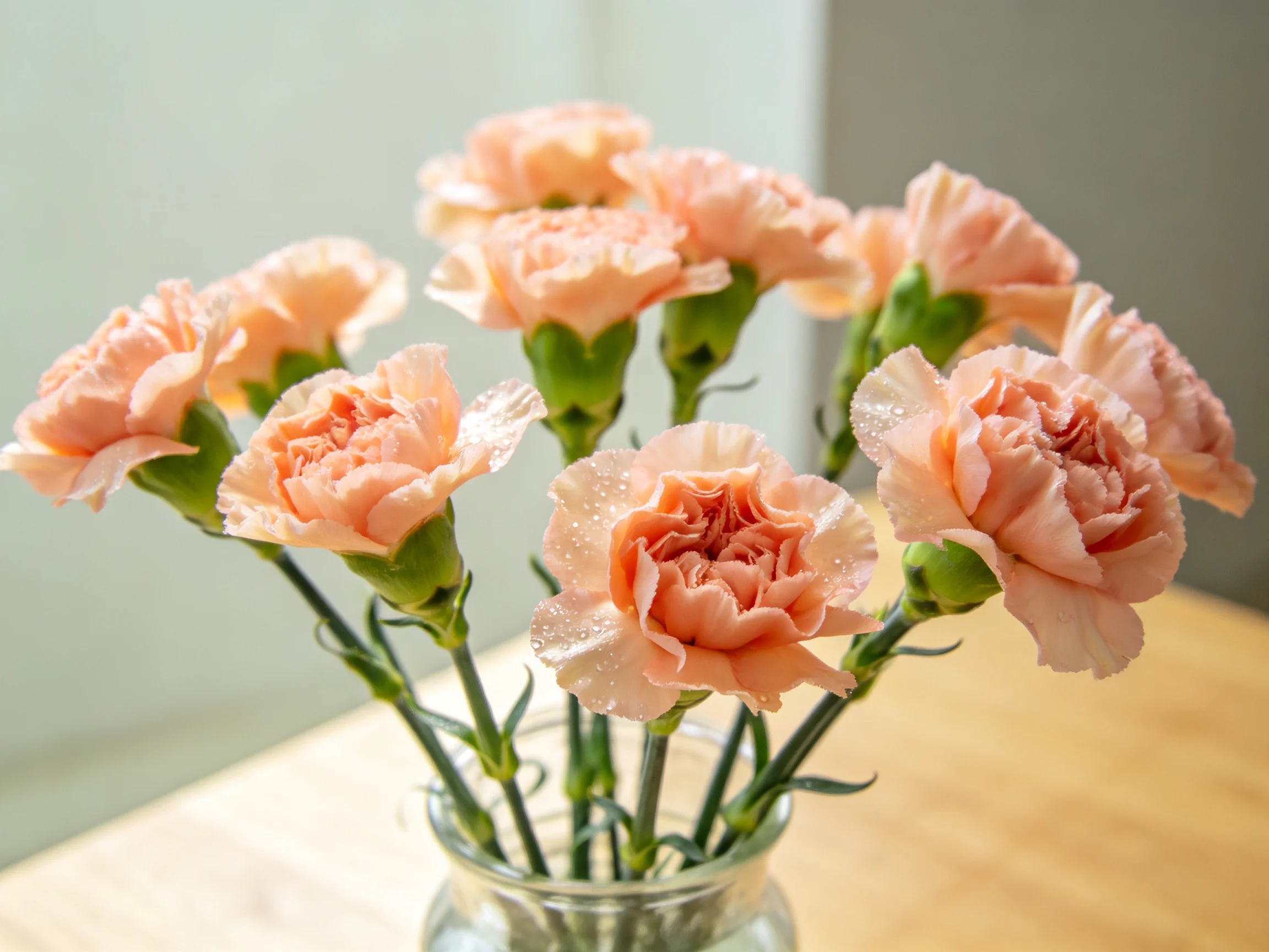 Soft peach carnations arranged in a glass vase