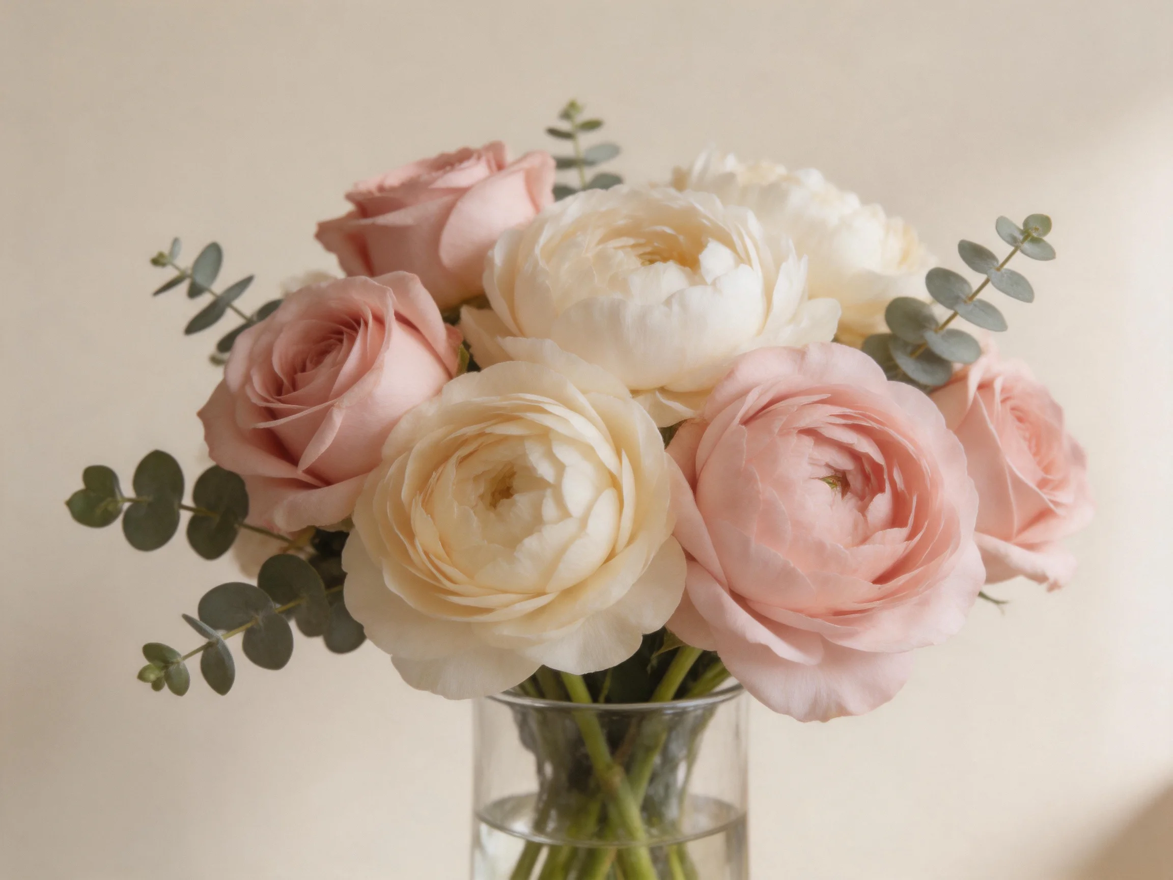 Soft pink and cream flower bouquet with eucalyptus in glass vase