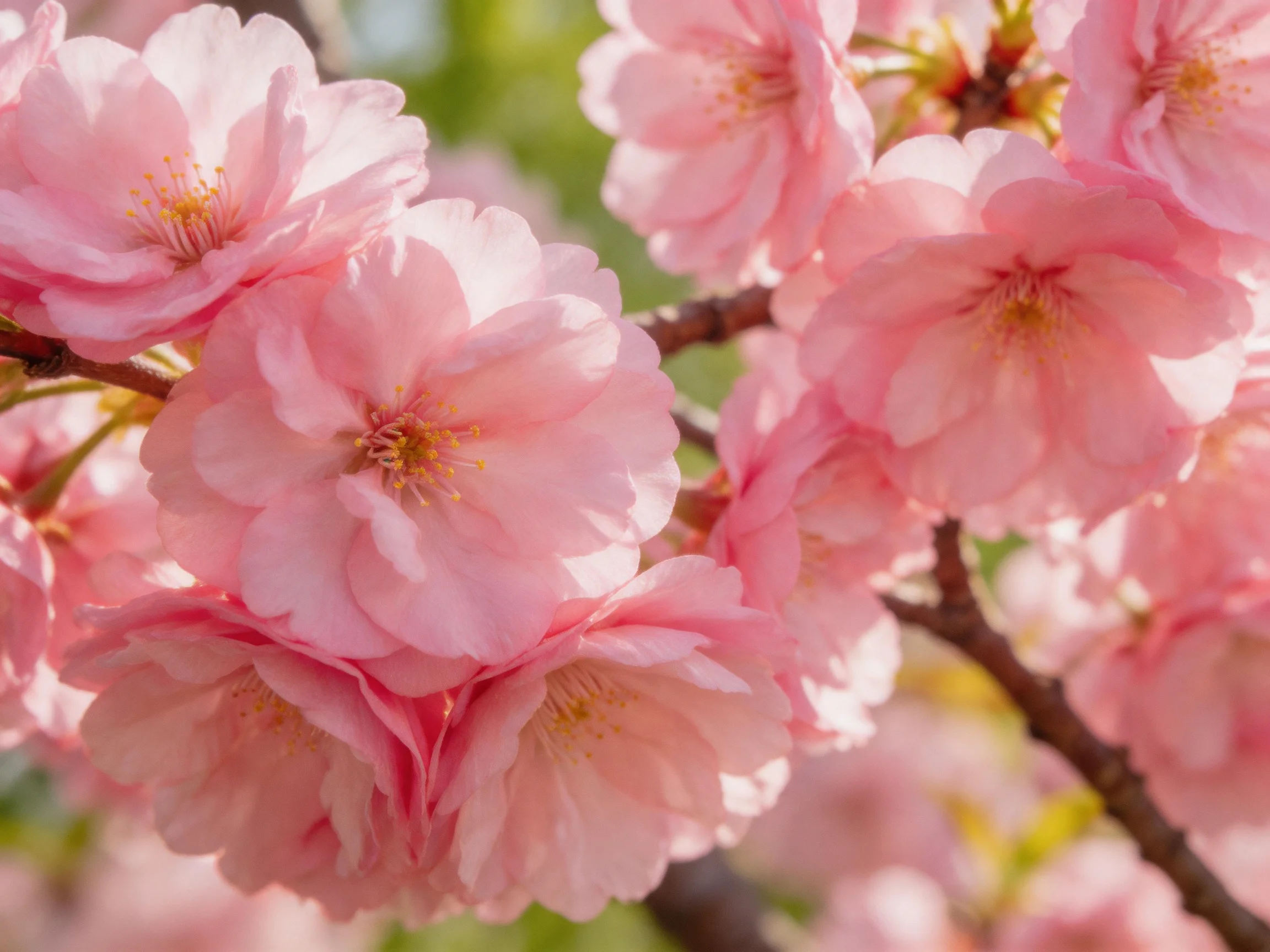 Soft pink cherry blossom clusters blooming on dark branches