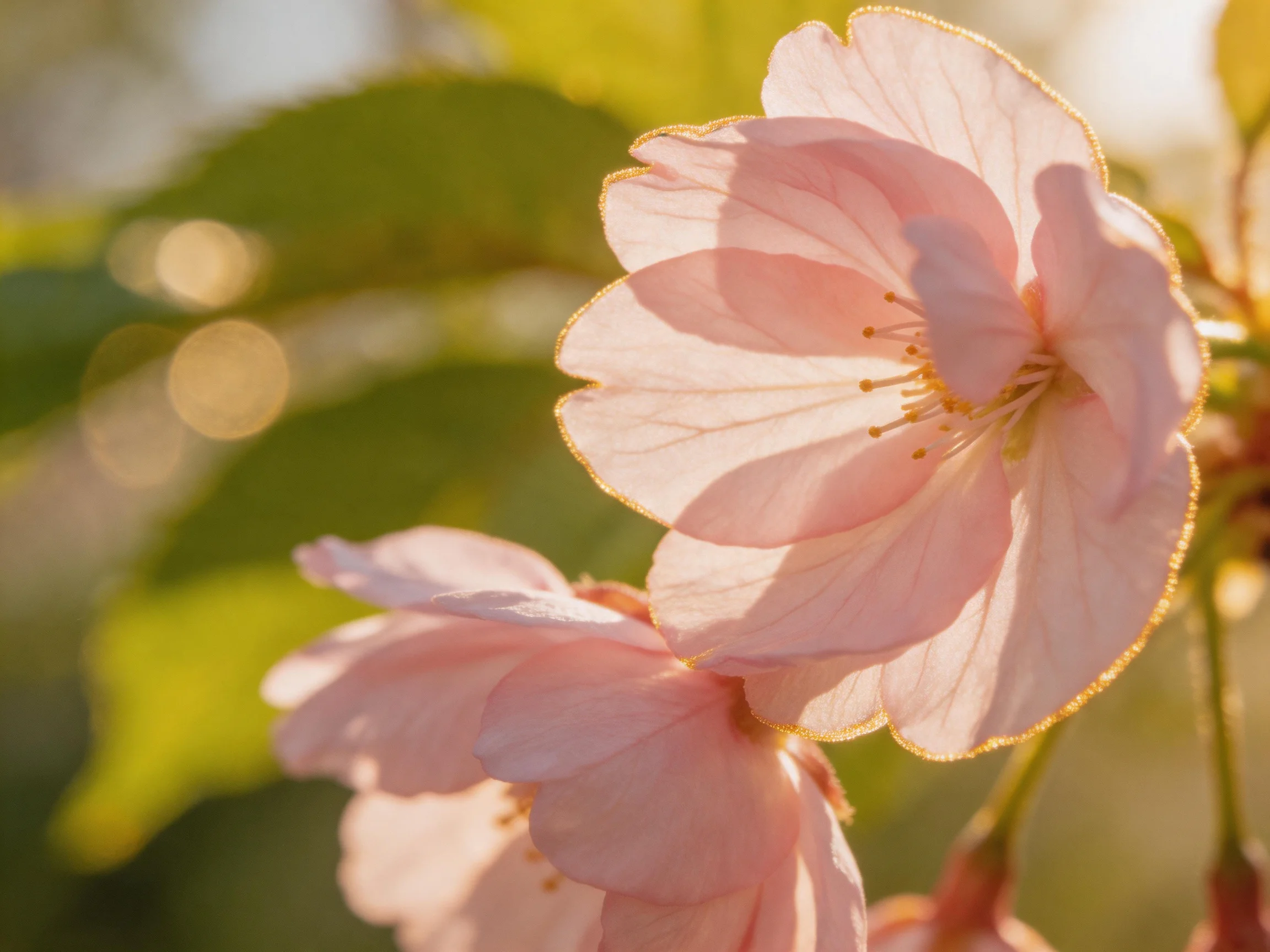 Soft pink cherry blossoms illuminated by golden sunlight with blurred green foliage
