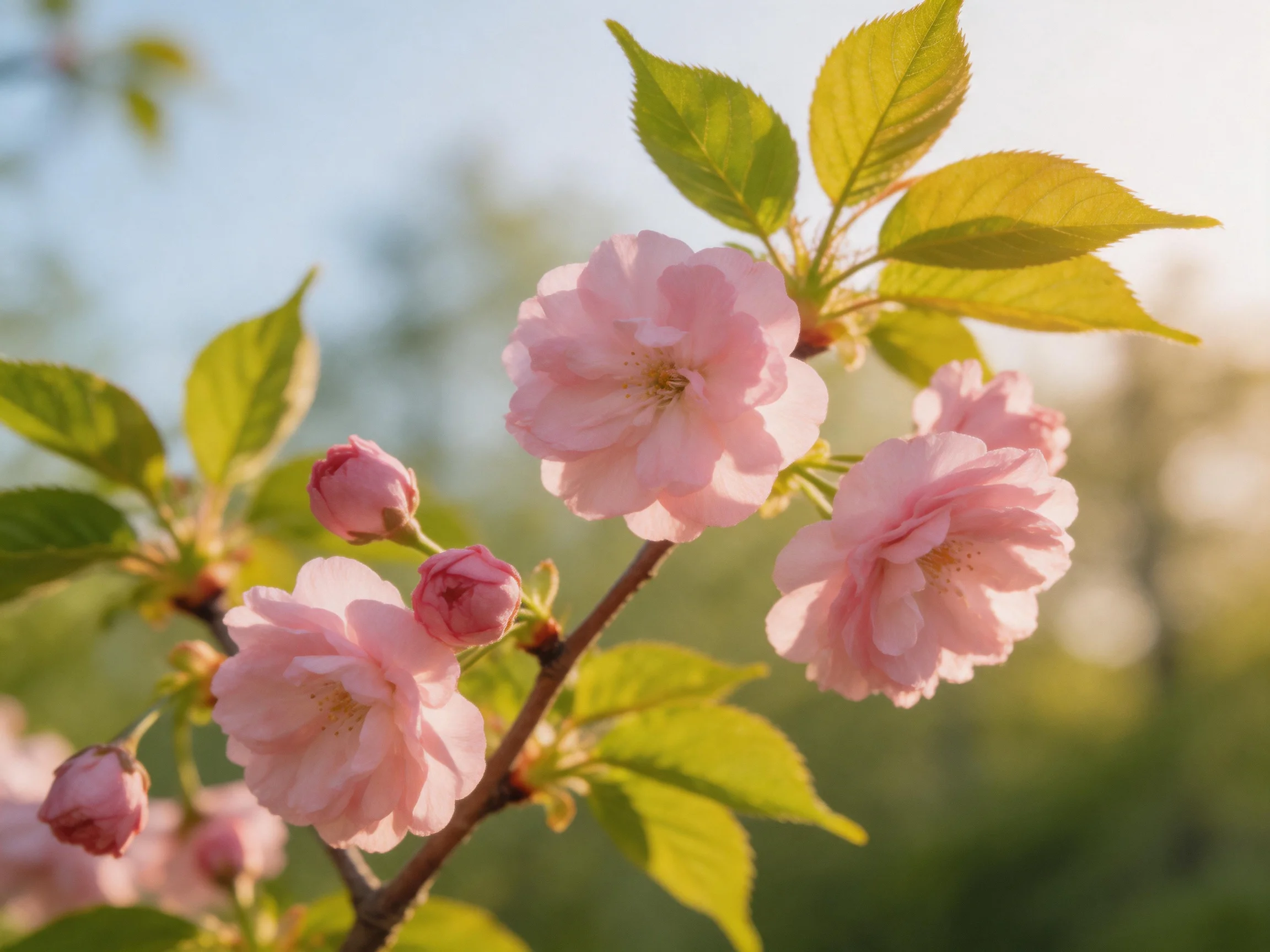 Soft pink cherry blossoms with glossy green leaves under sunlight