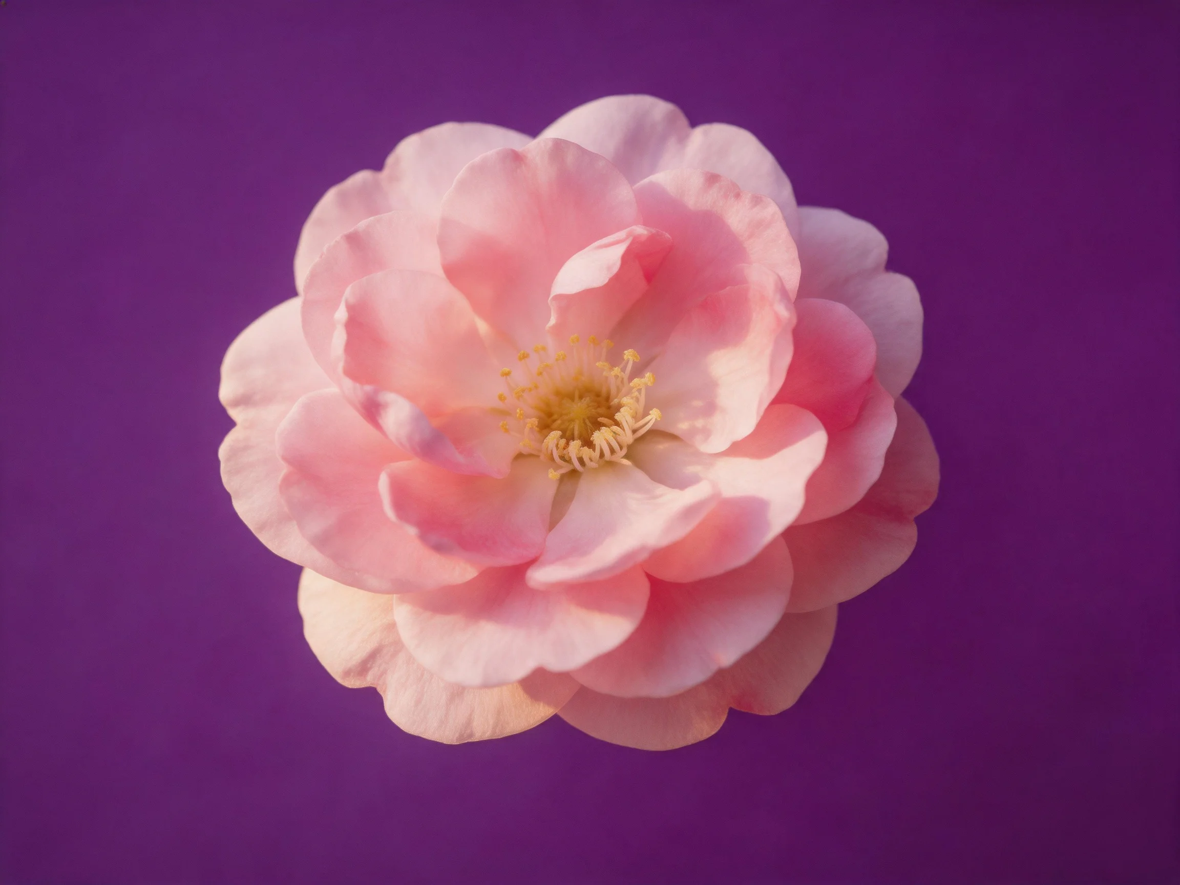 Soft pink flower with layered petals on a deep purple background