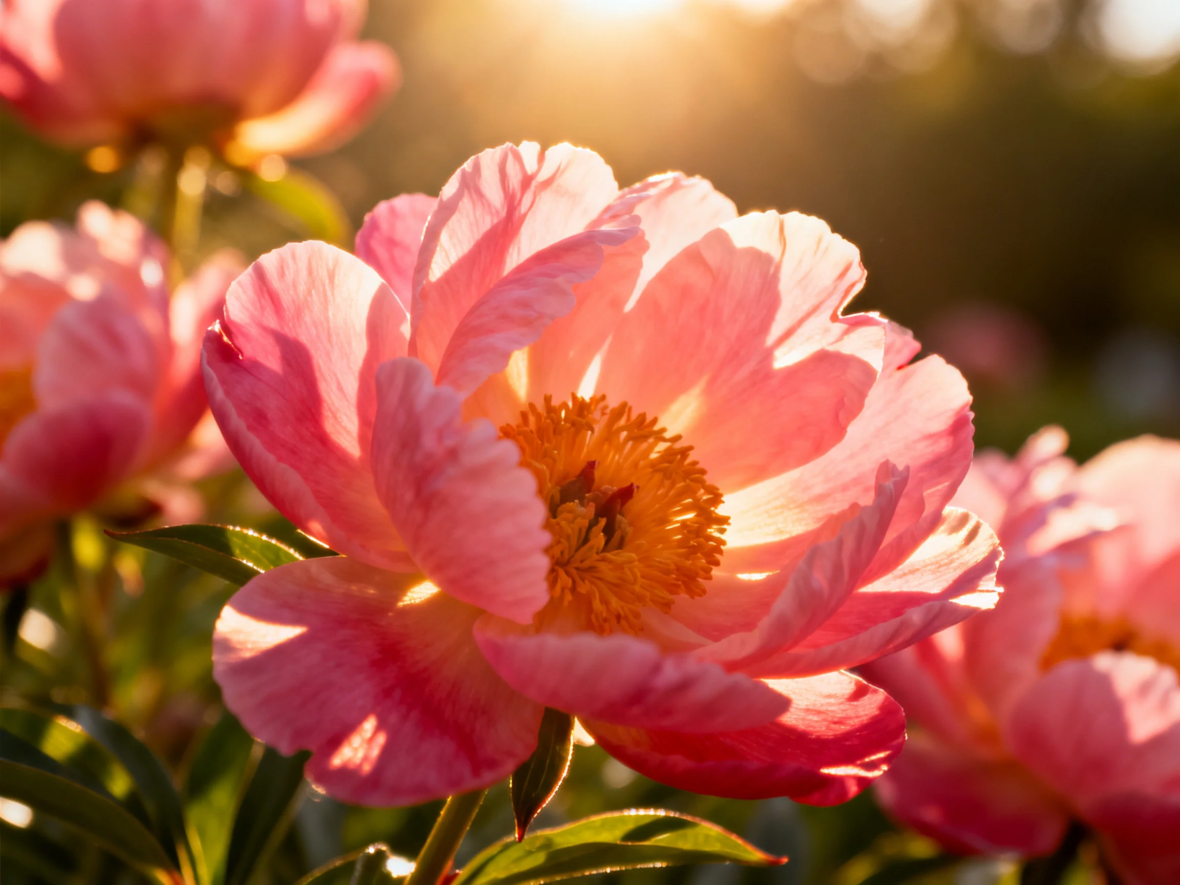 Soft pink peonies bloom in golden sunlight amid green foliage