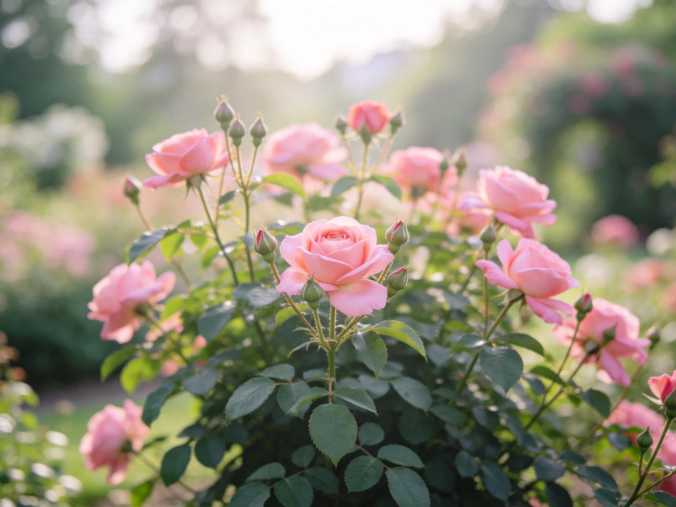 Soft pink roses bloom abundantly in a sunlit garden