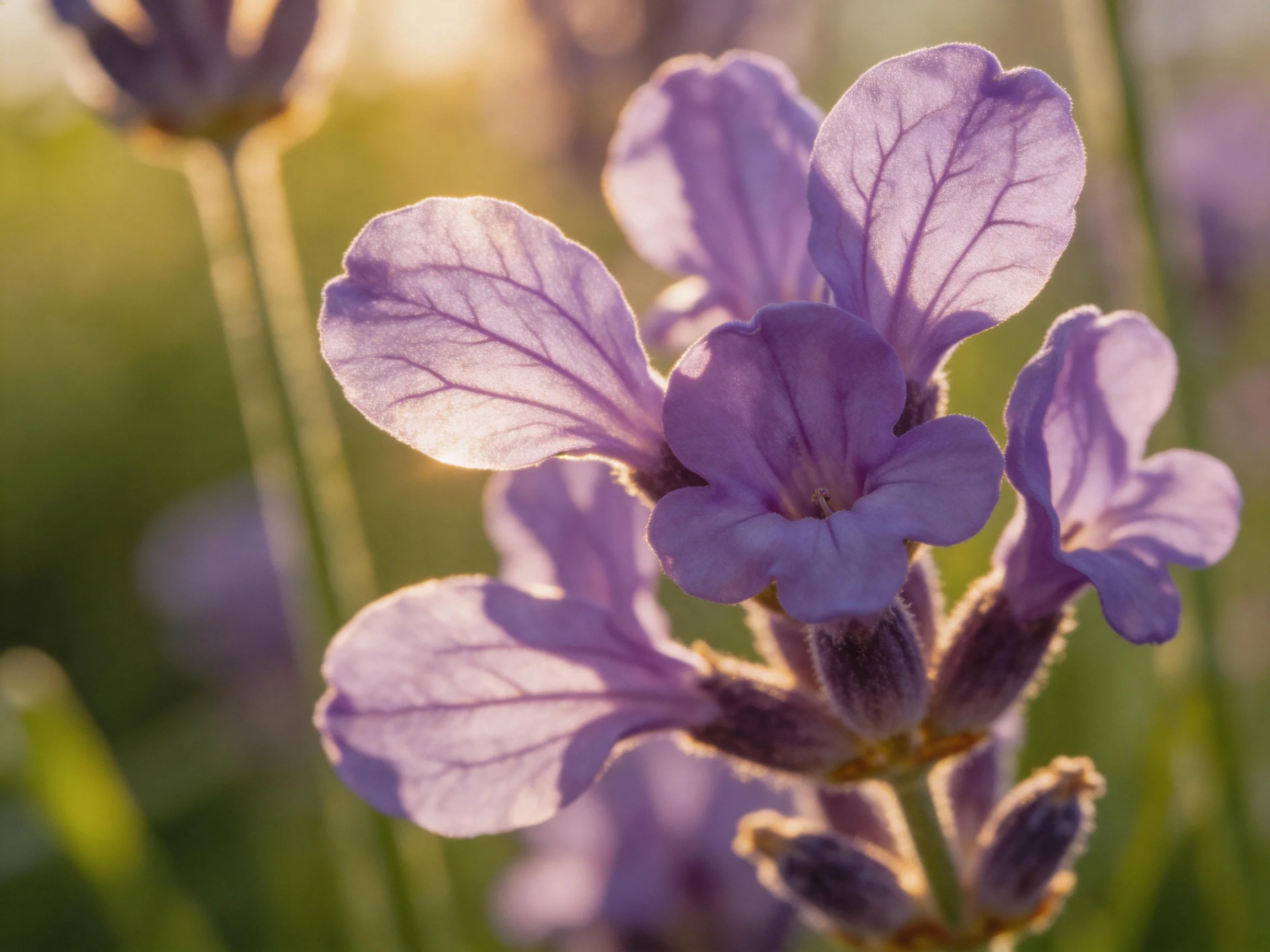 Soft purple lavender flowers illuminated by warm golden sunlight