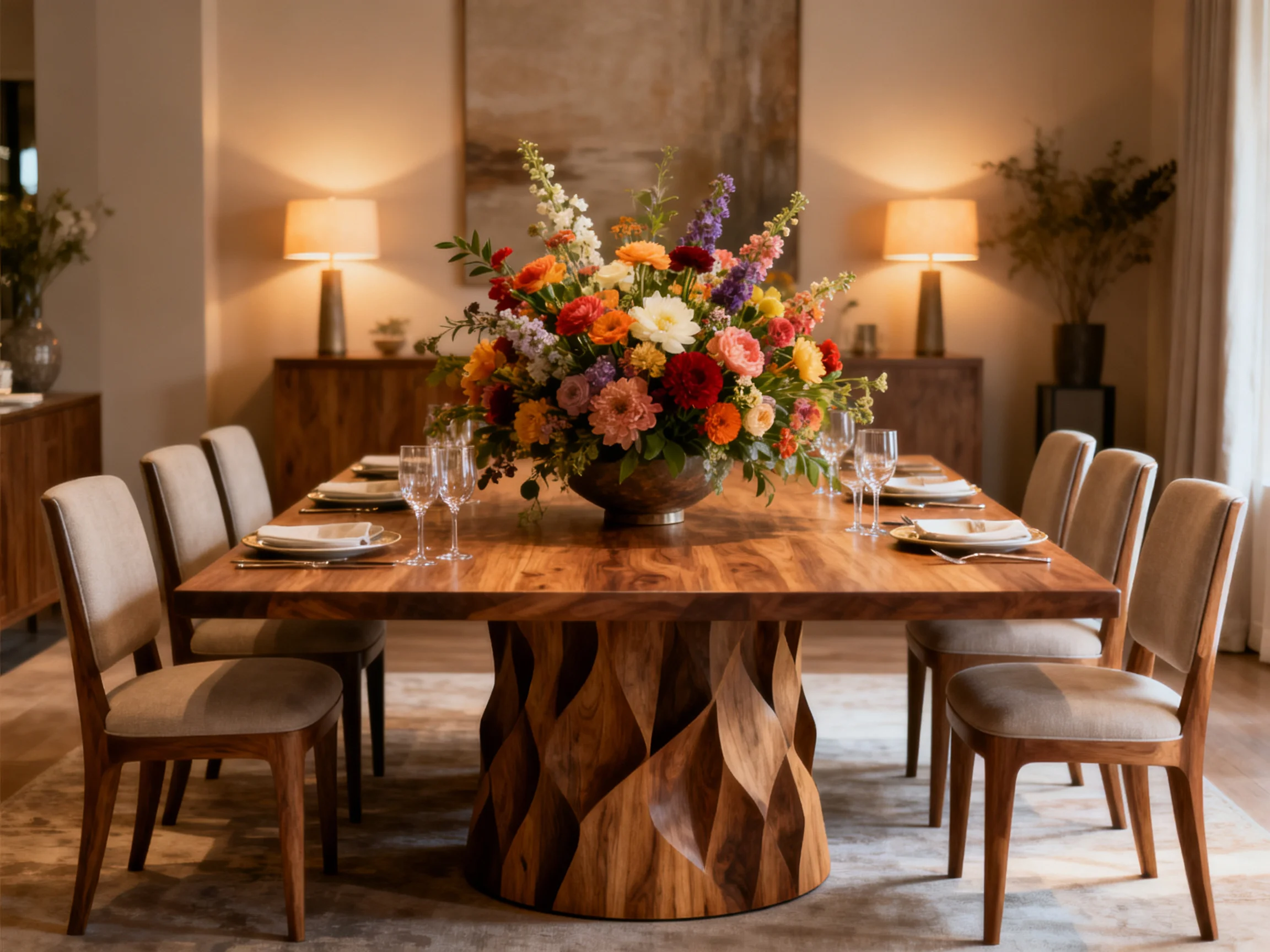 Spacious dining area with a large wooden table and vibrant floral centerpiece