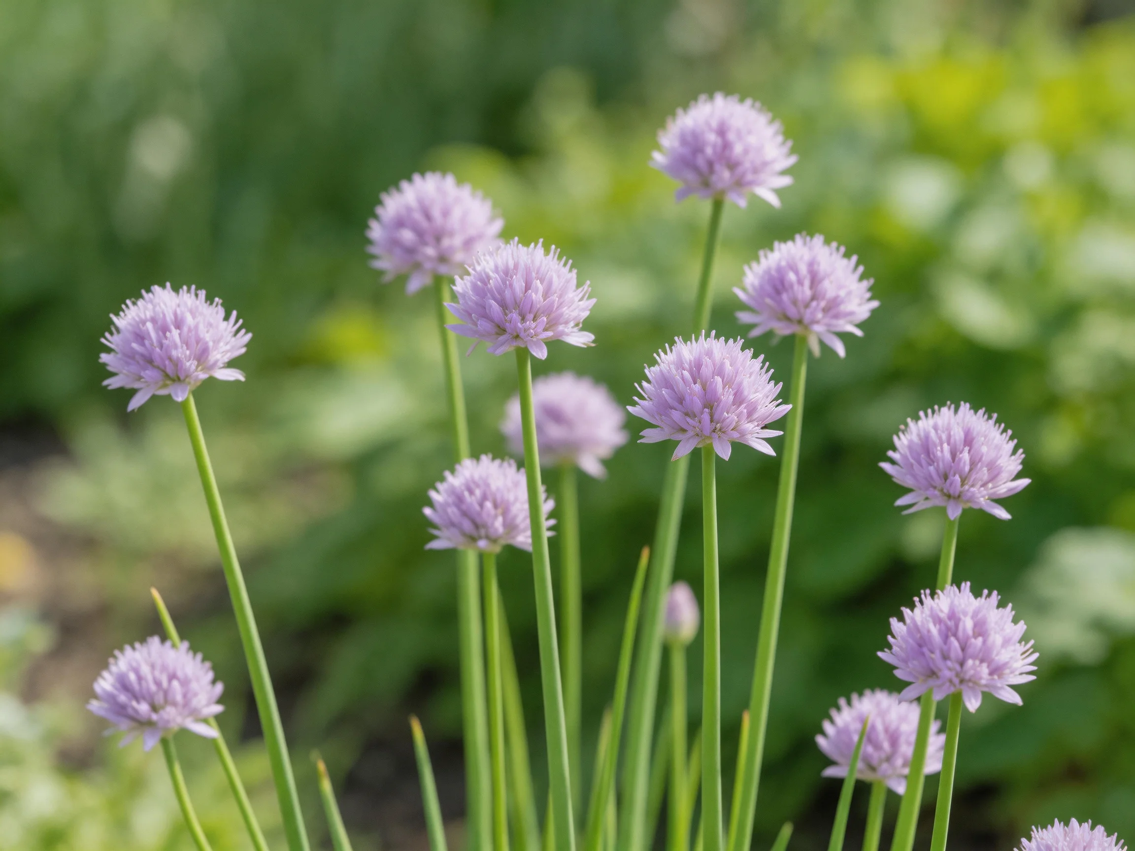 Spherical lavender flowers bloom on tall green stems in a garden