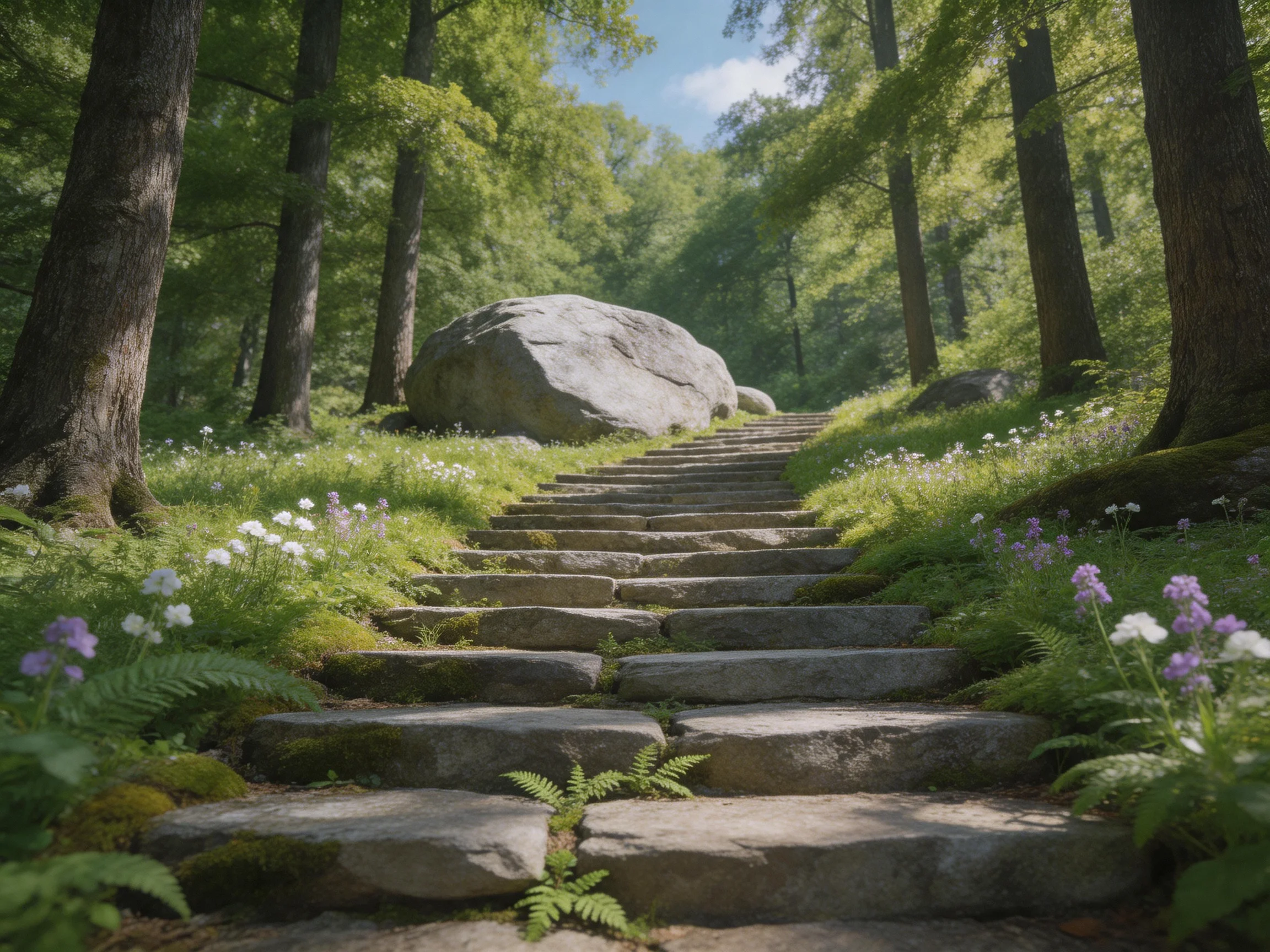 Stone steps ascend through lush green forest with wildflowers