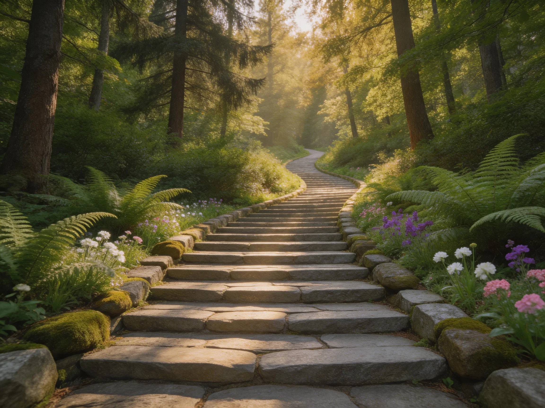 Stone steps winding through lush green forest with colorful wildflowers