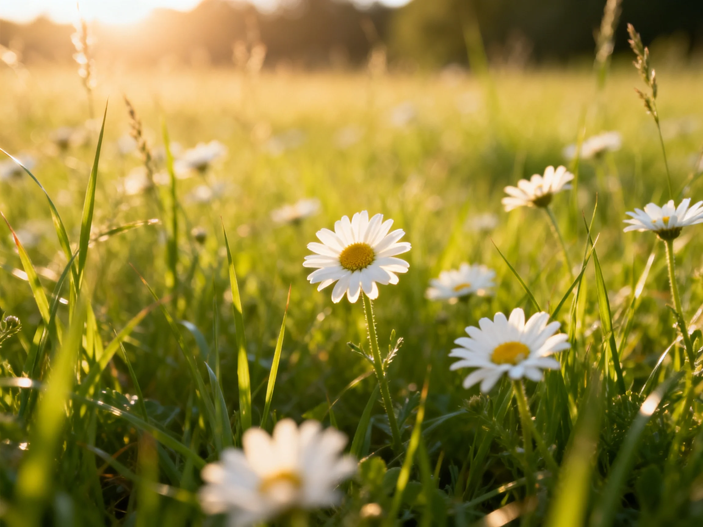 Sun-drenched meadow dotted with white daisies and tall green grass