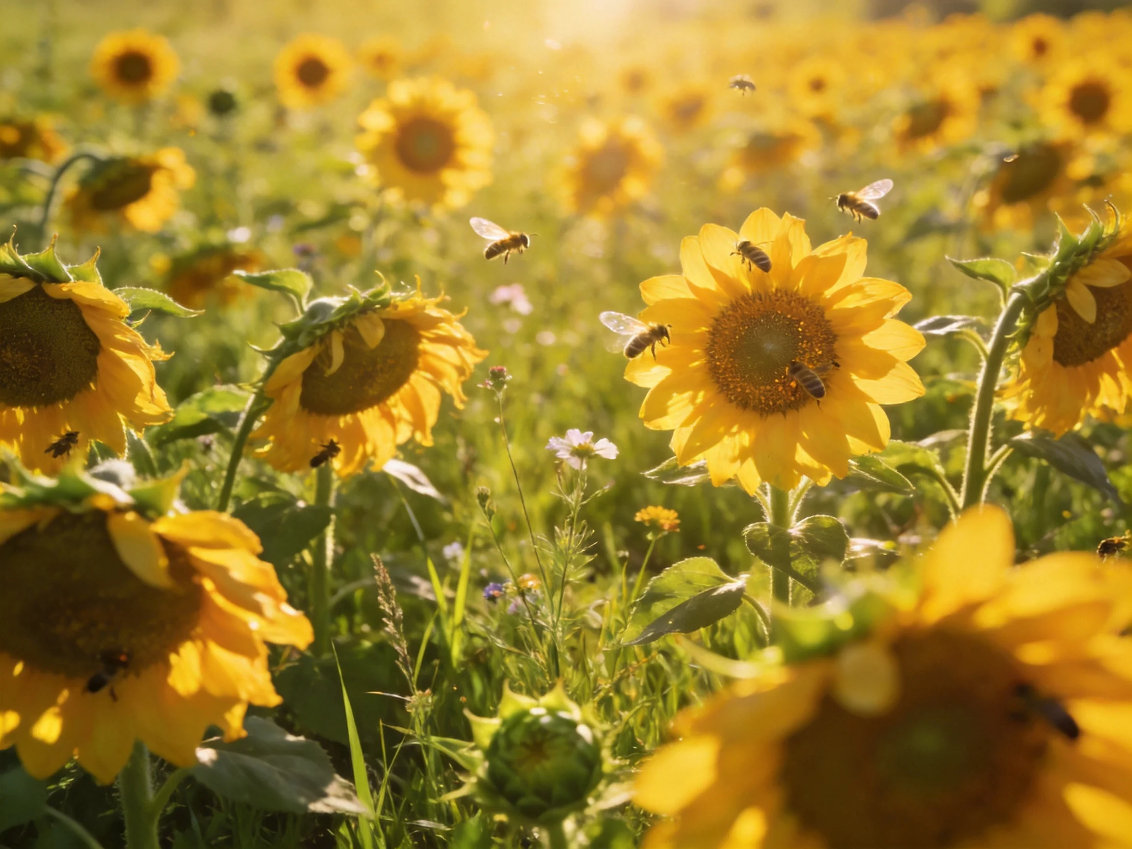Sunflower Field of Bright Yellow Blooms and Buzzing Bees