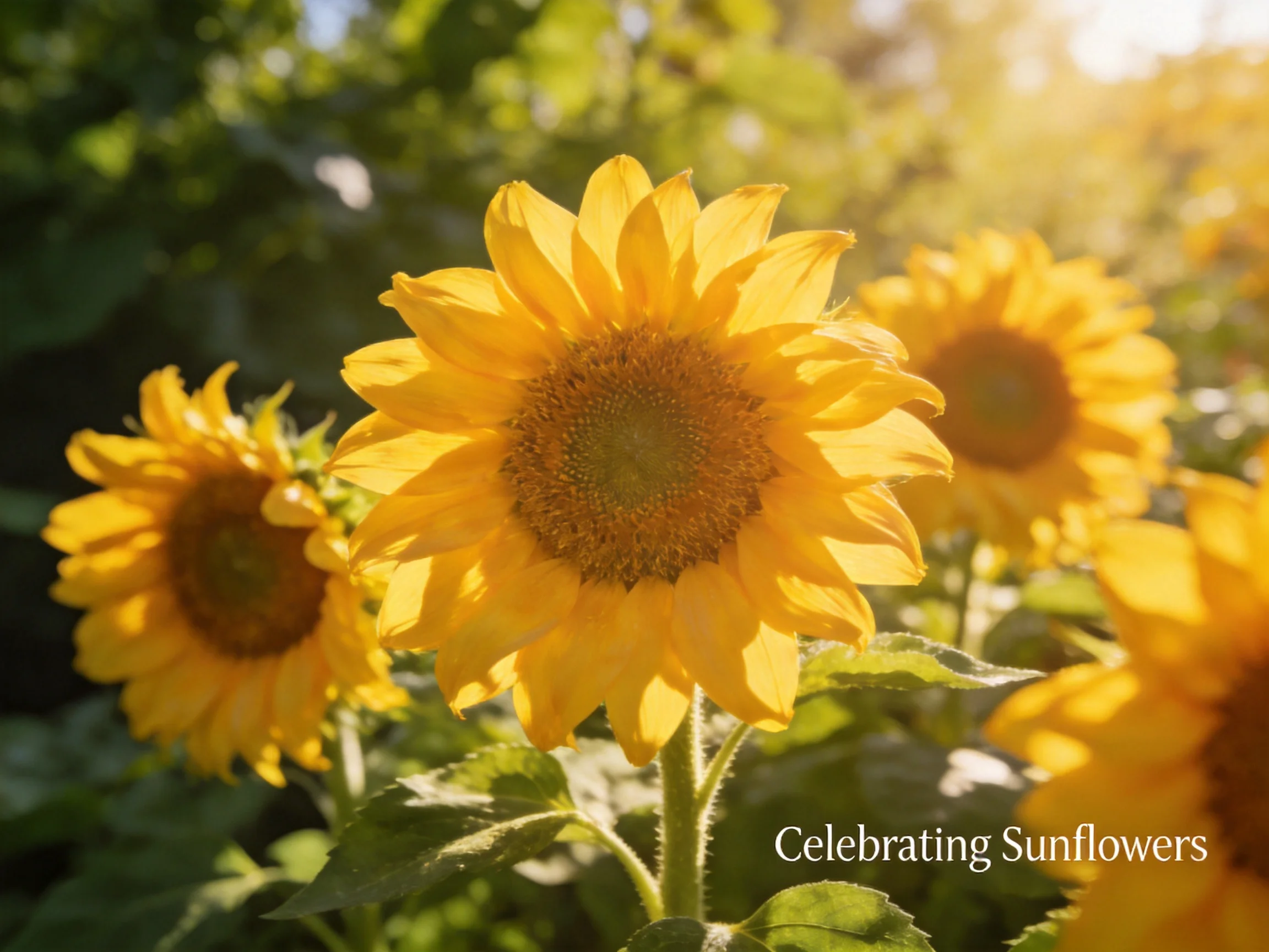 Sunflowers glow vibrantly in a sun-drenched field with green backdrop