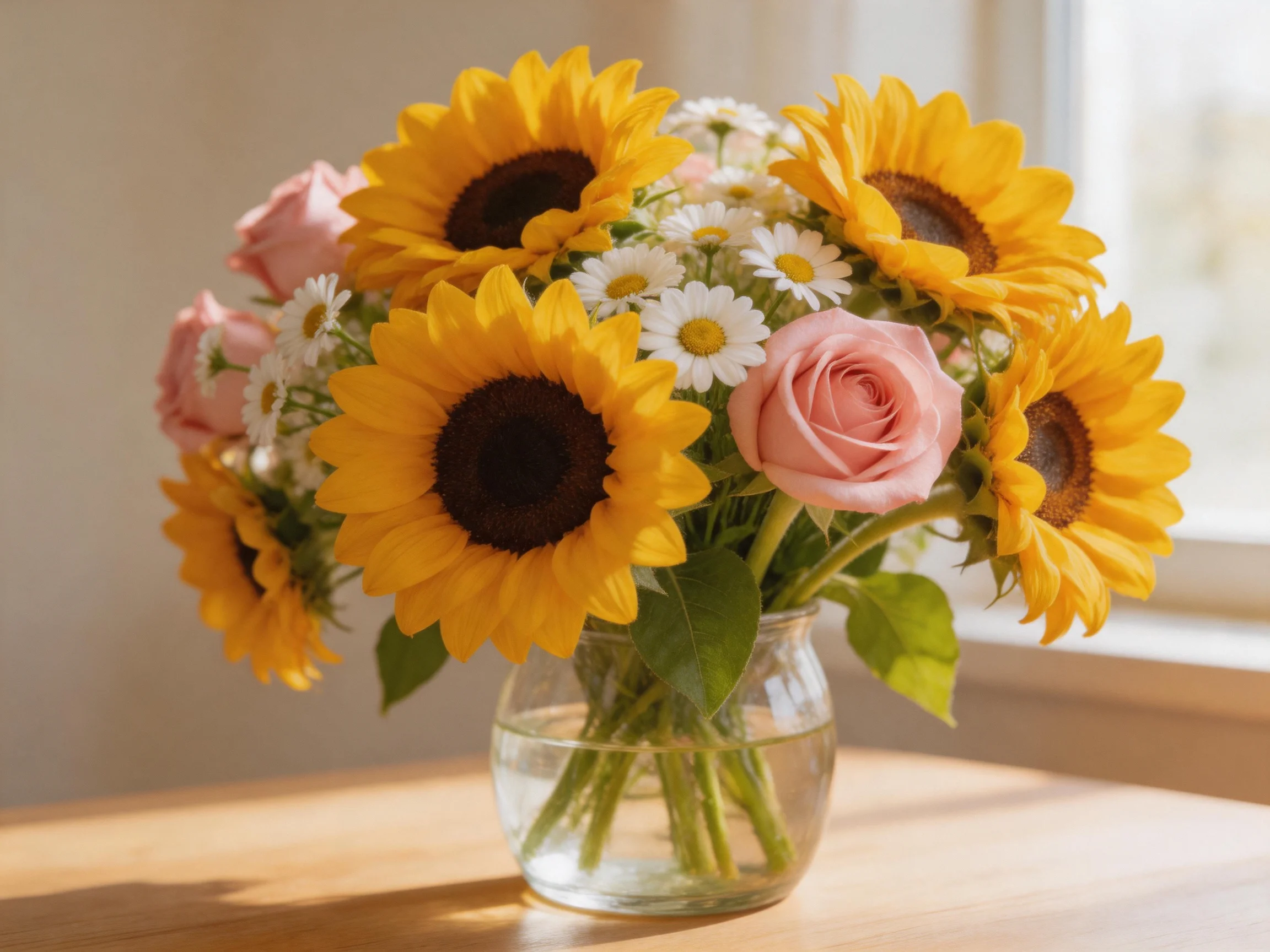 Sunflowers, pink roses, and daisies in a glass vase