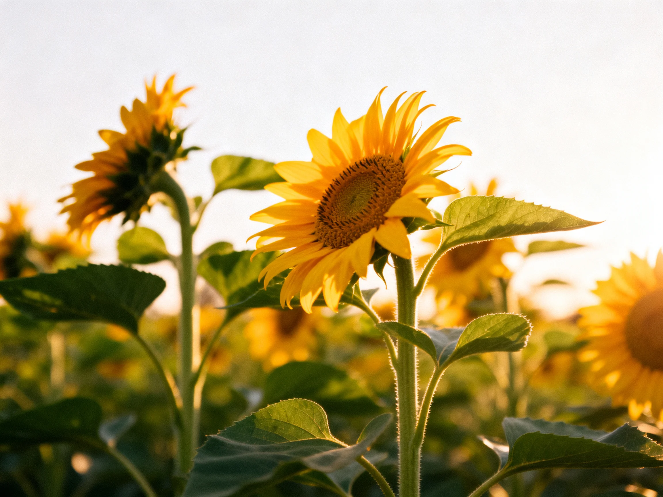 Sunflowers with yellow petals grow in a sunlit field